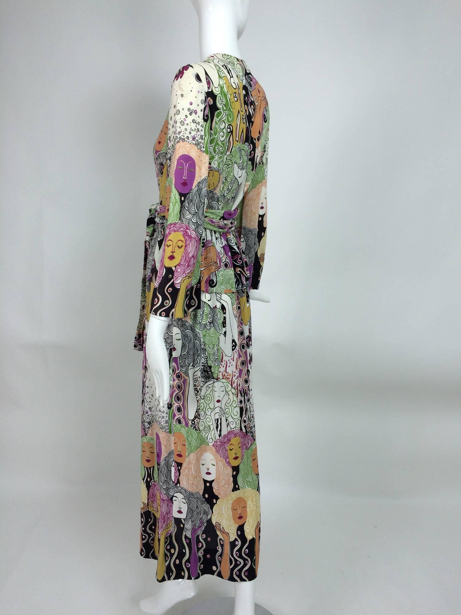 Women's art nouveau style womens faces crepe print wrap waist dress 1970s