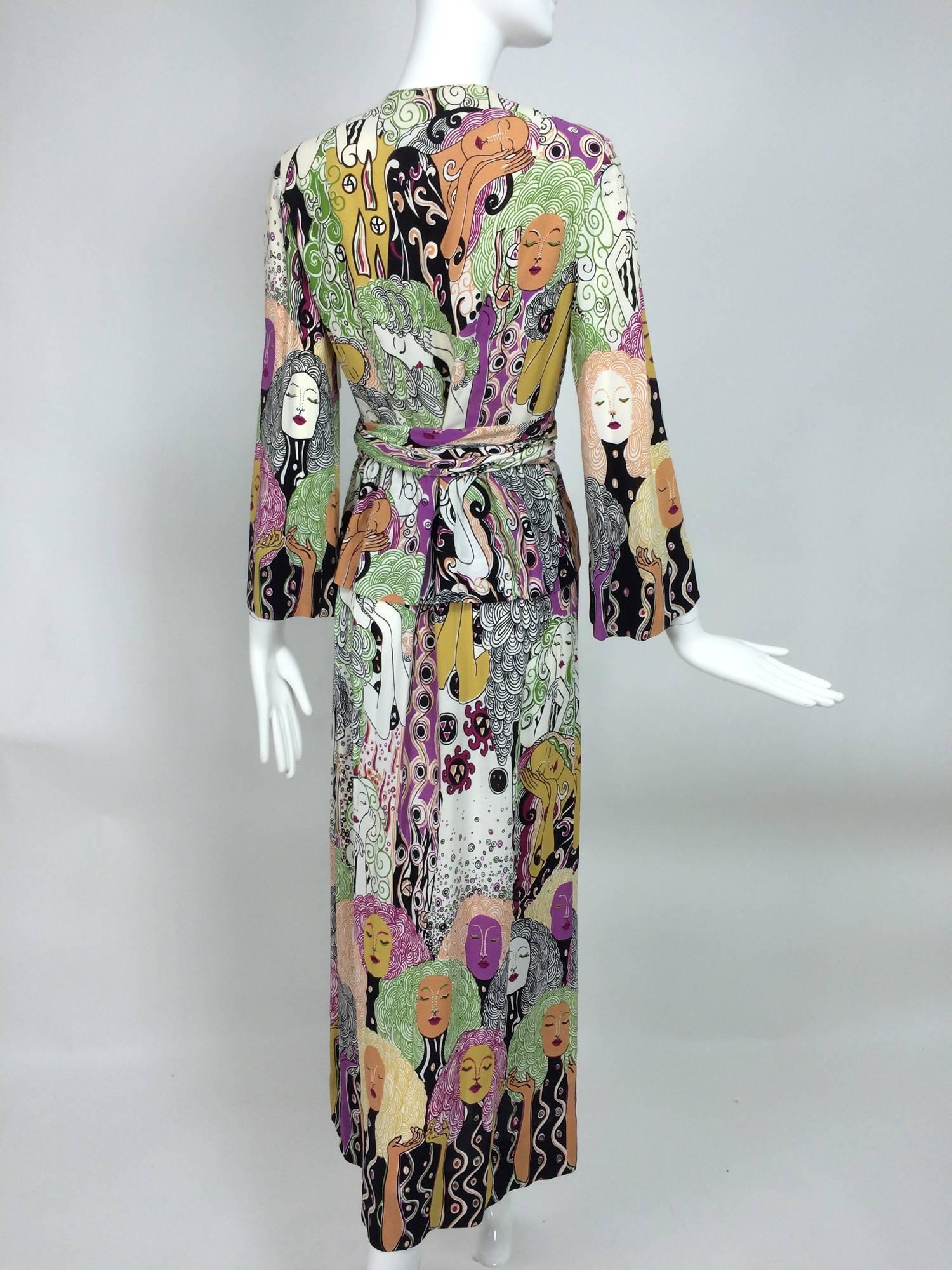 art nouveau style womens faces crepe print wrap waist dress 1970s 1