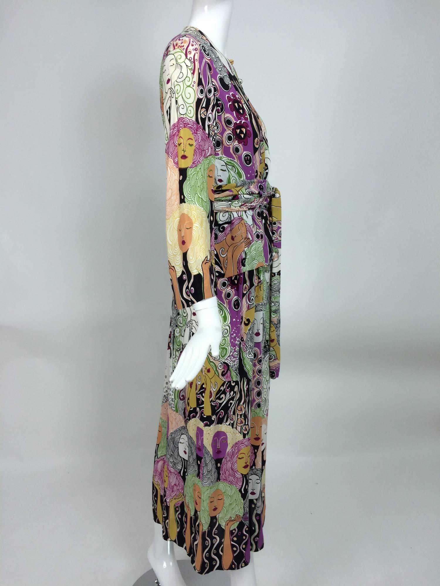 art nouveau style womens faces crepe print wrap waist dress 1970s 2