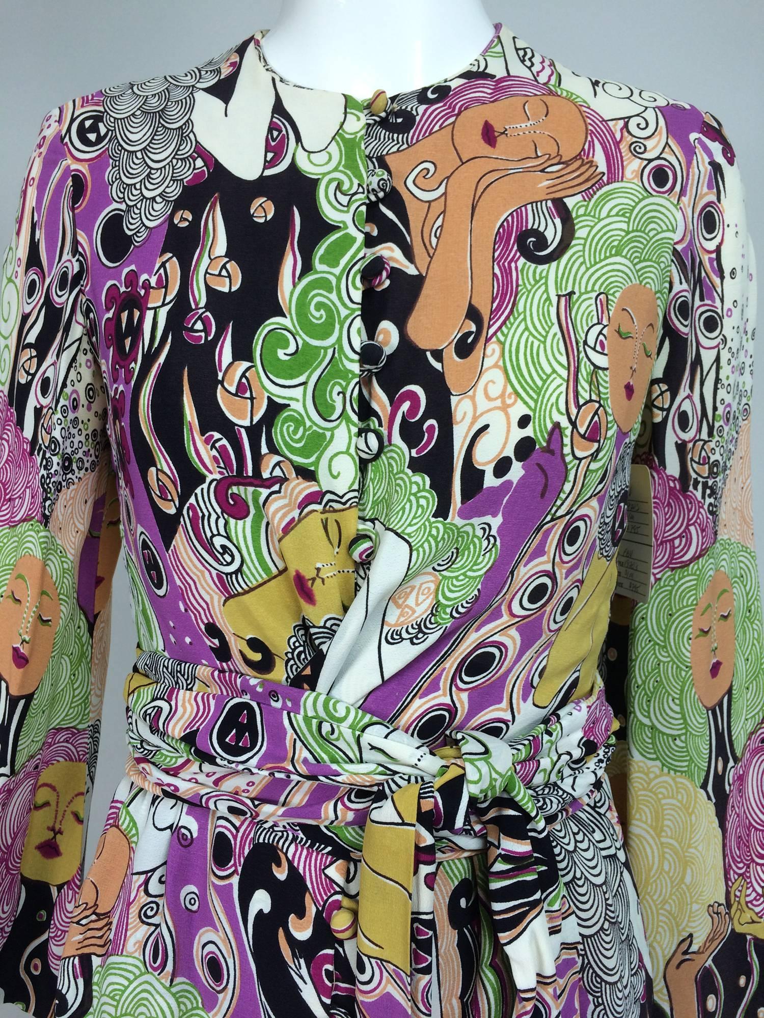 art nouveau style womens faces crepe print wrap waist dress 1970s 4