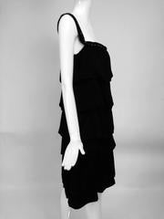 Lanvin Paris black silk tiered ruffle rhinestone shoulder 20s influenced dress