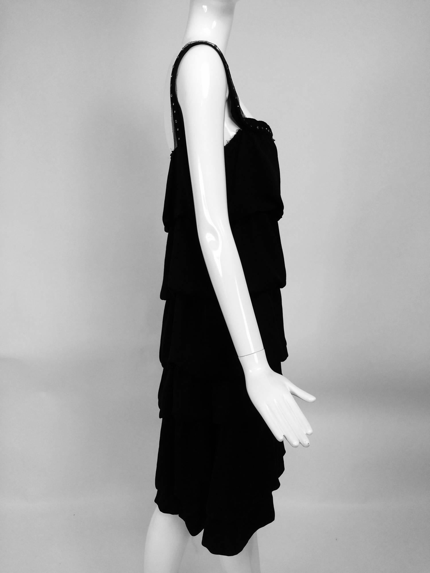 Black Lanvin Paris black silk tiered ruffle rhinestone shoulder 20s influenced dress