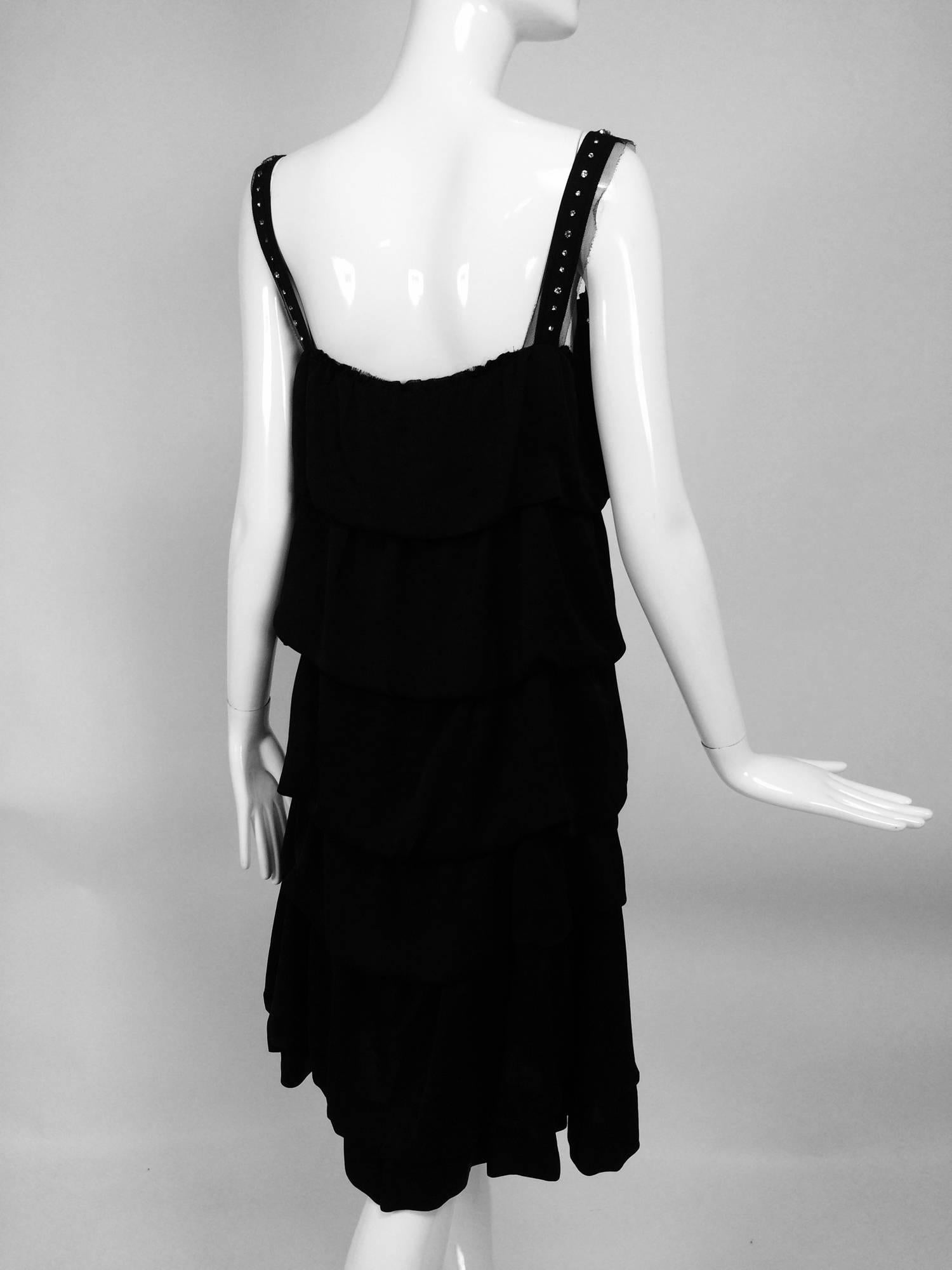 Lanvin Paris black silk tiered ruffle rhinestone shoulder 20s influenced dress In Excellent Condition In West Palm Beach, FL