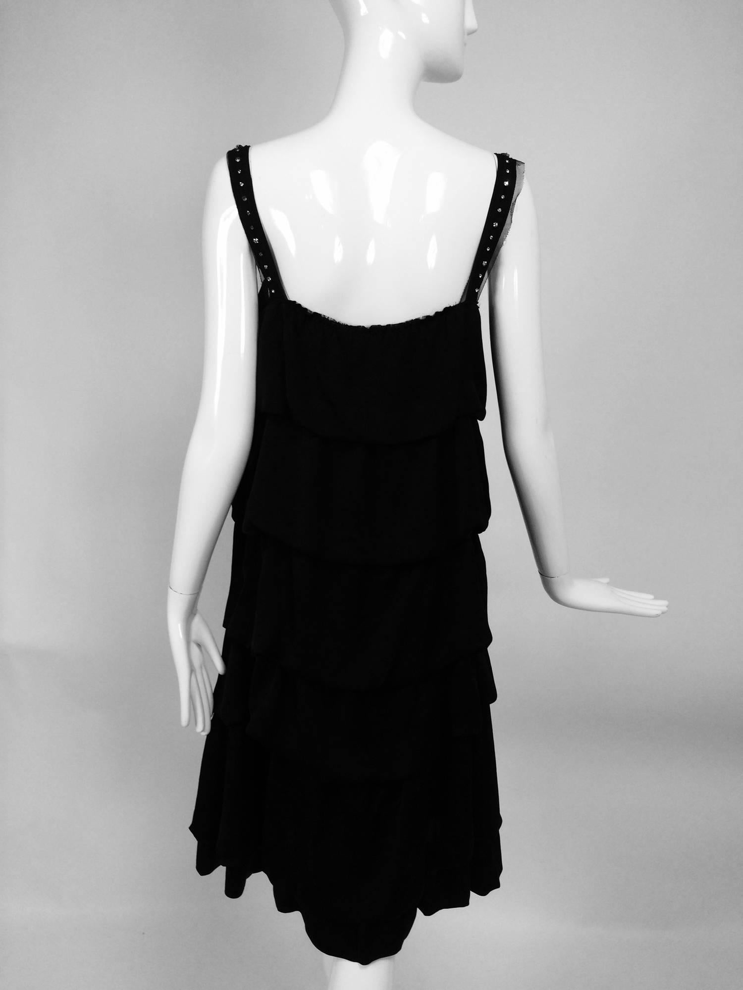 Women's Lanvin Paris black silk tiered ruffle rhinestone shoulder 20s influenced dress