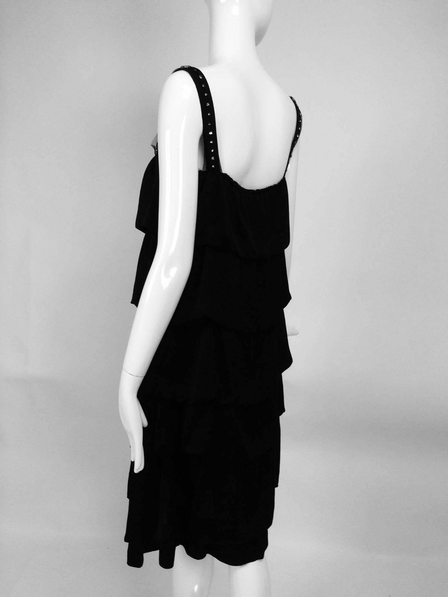 Lanvin Paris black silk tiered ruffle rhinestone shoulder 20s influenced dress 1