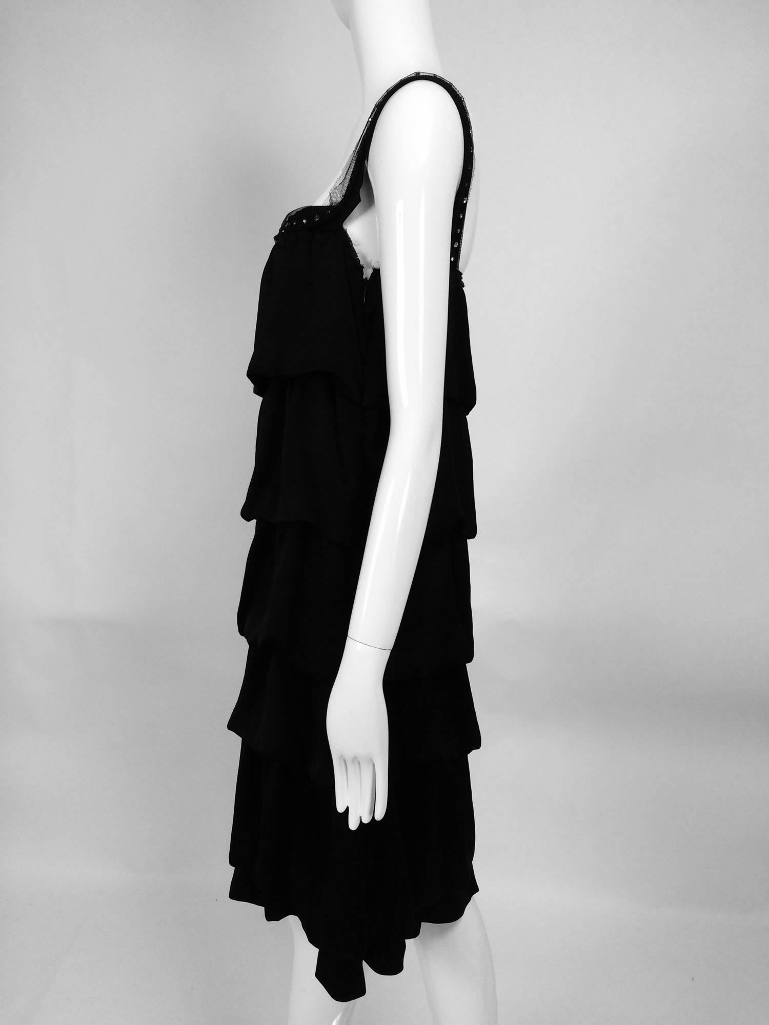 Lanvin Paris black silk tiered ruffle rhinestone shoulder 20s influenced dress 2