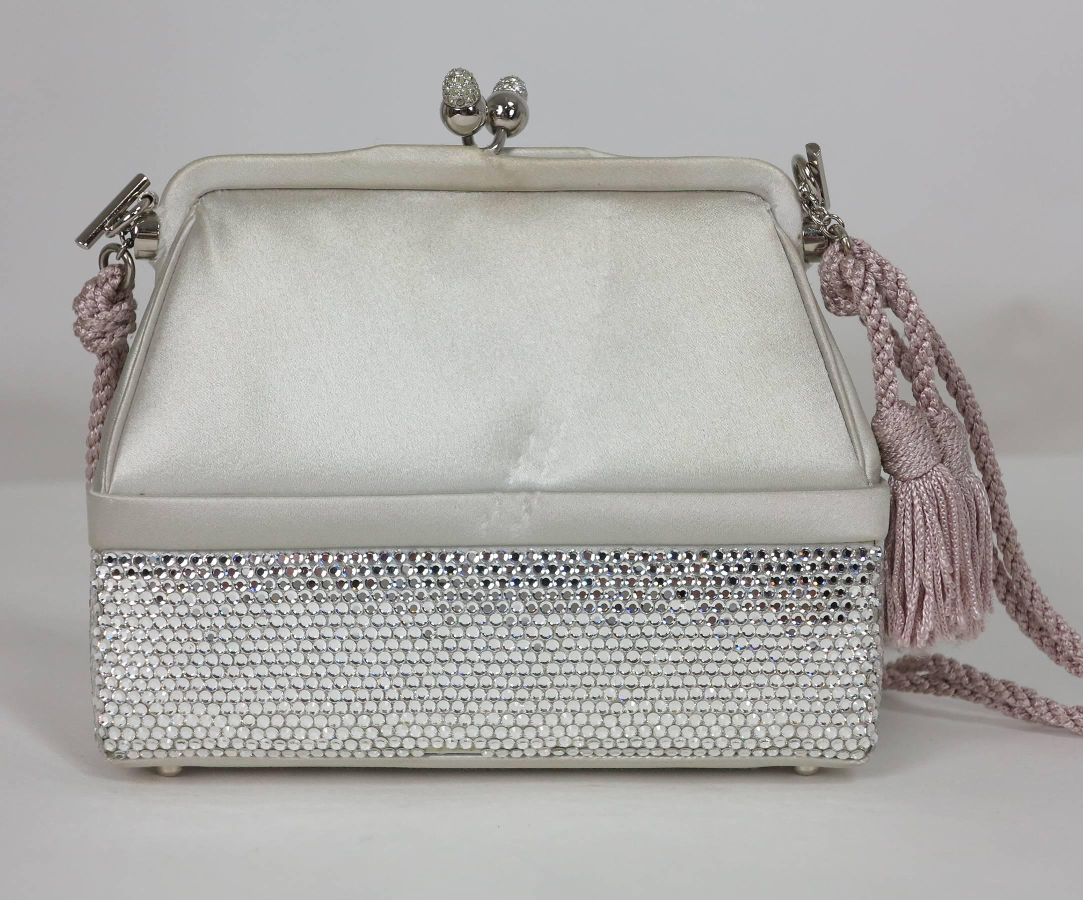 Silver Judith Leiber silver satin & Swarovski crystal two tier minaudiere evening bag