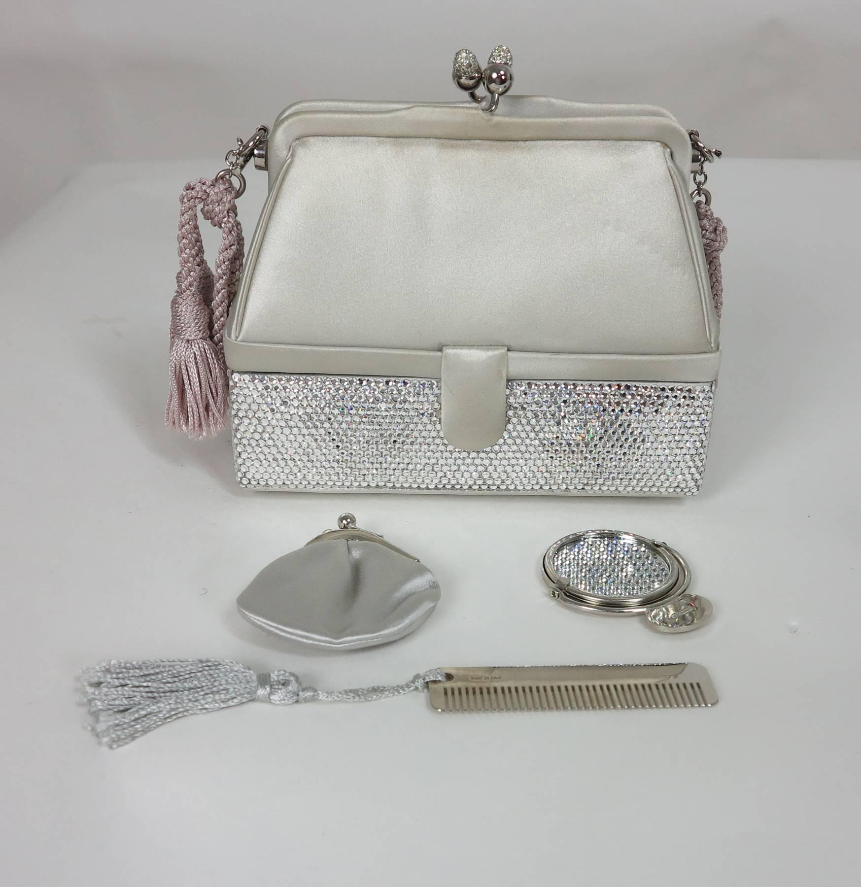 Women's Judith Leiber silver satin & Swarovski crystal two tier minaudiere evening bag