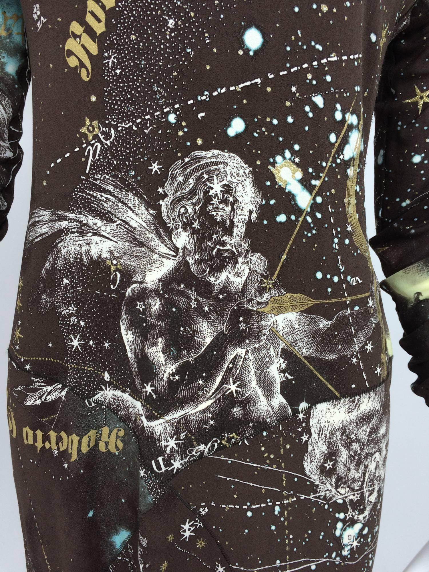 Roberto Cavalli rare silk Constellation dress 1990s...Chocolate brown silk (with 3% Lycra for a bit of stretch) fabric is printed all over with stars in gold glitter, constellations, the milky way and astral symbols, with sky blue highlights +