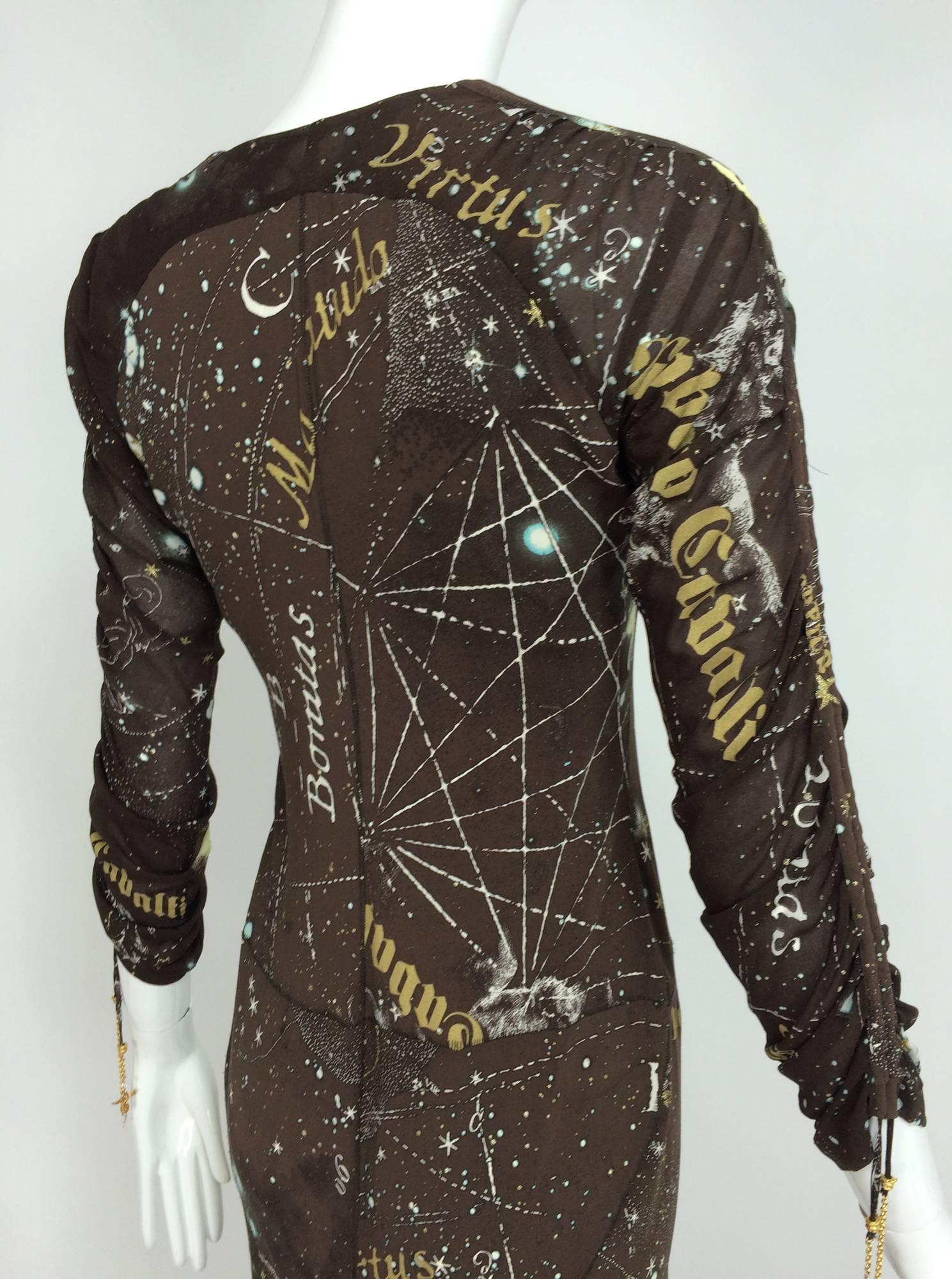 Black Roberto Cavalli rare chocolate brown silk Constellation dress 1990s 
