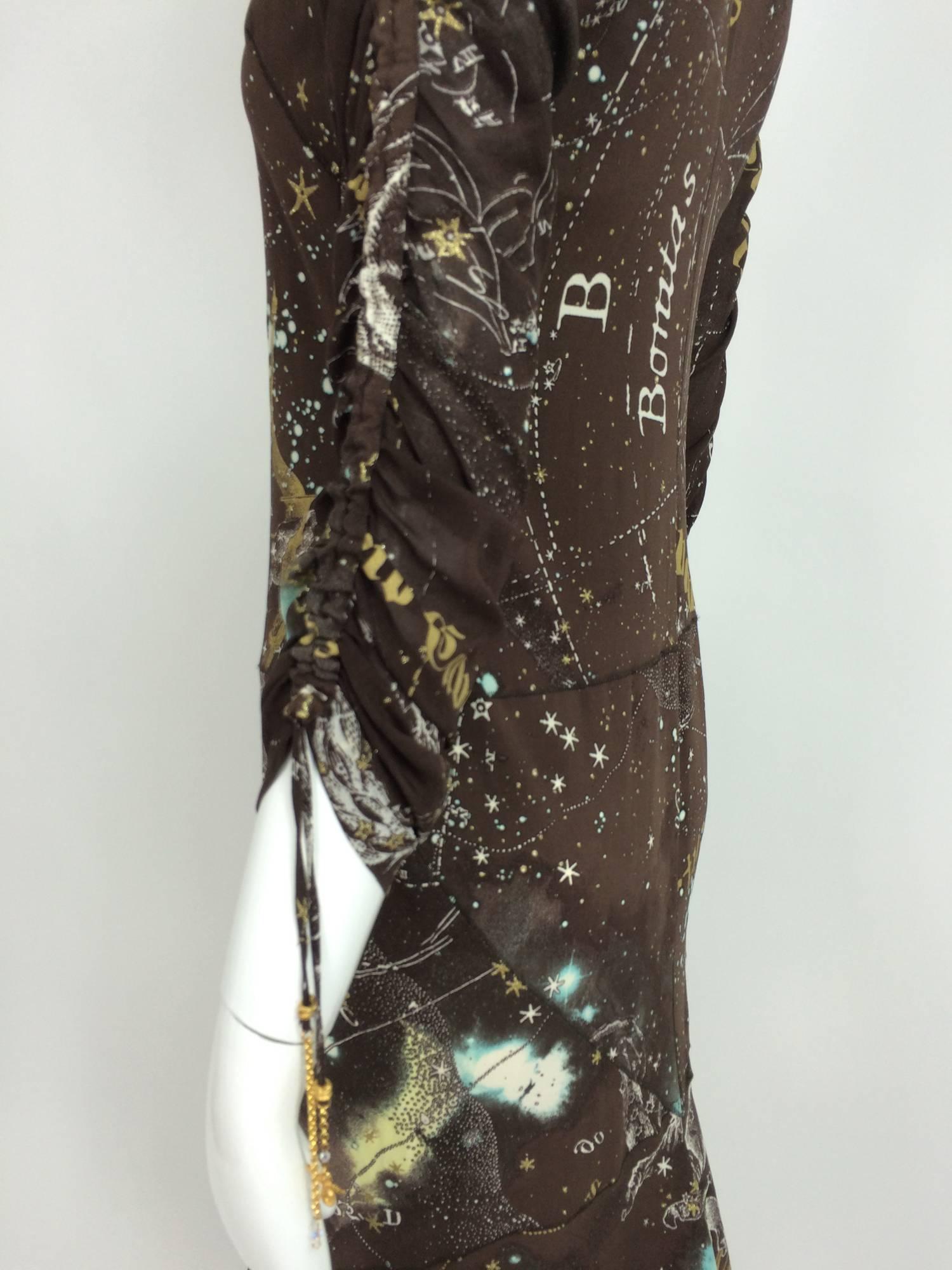 Roberto Cavalli rare chocolate brown silk Constellation dress 1990s  In Excellent Condition In West Palm Beach, FL