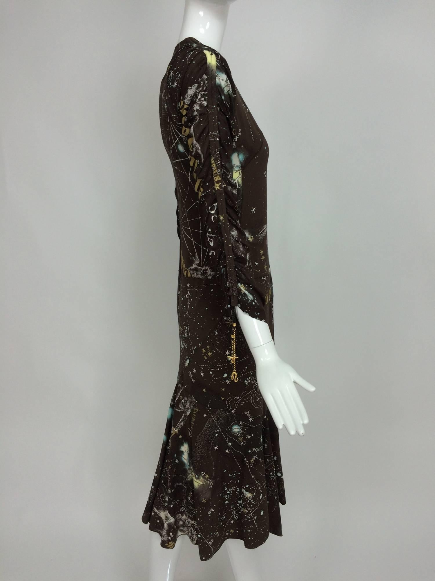 Women's Roberto Cavalli rare chocolate brown silk Constellation dress 1990s 