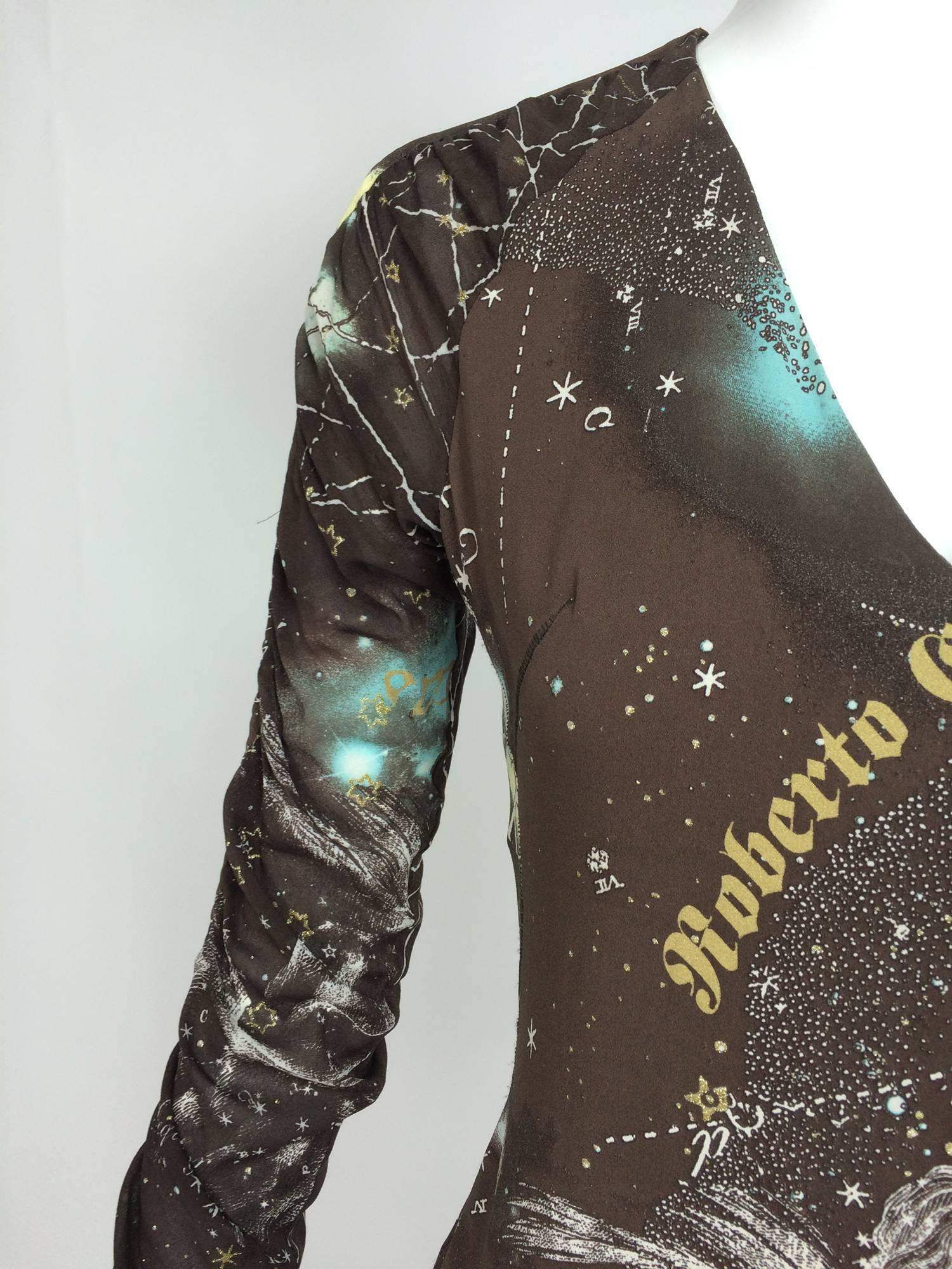 Roberto Cavalli rare chocolate brown silk Constellation dress 1990s  2