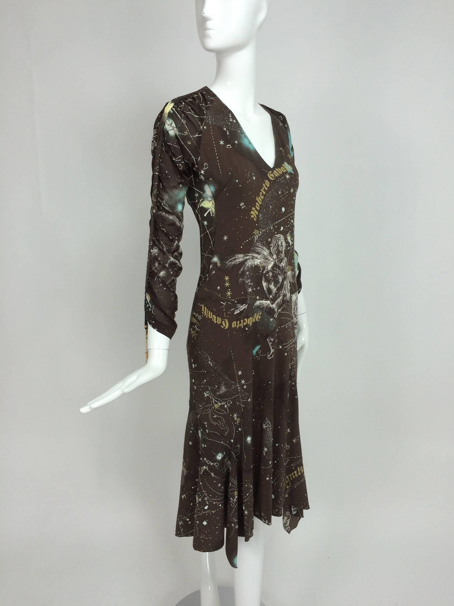 Roberto Cavalli rare chocolate brown silk Constellation dress 1990s  3