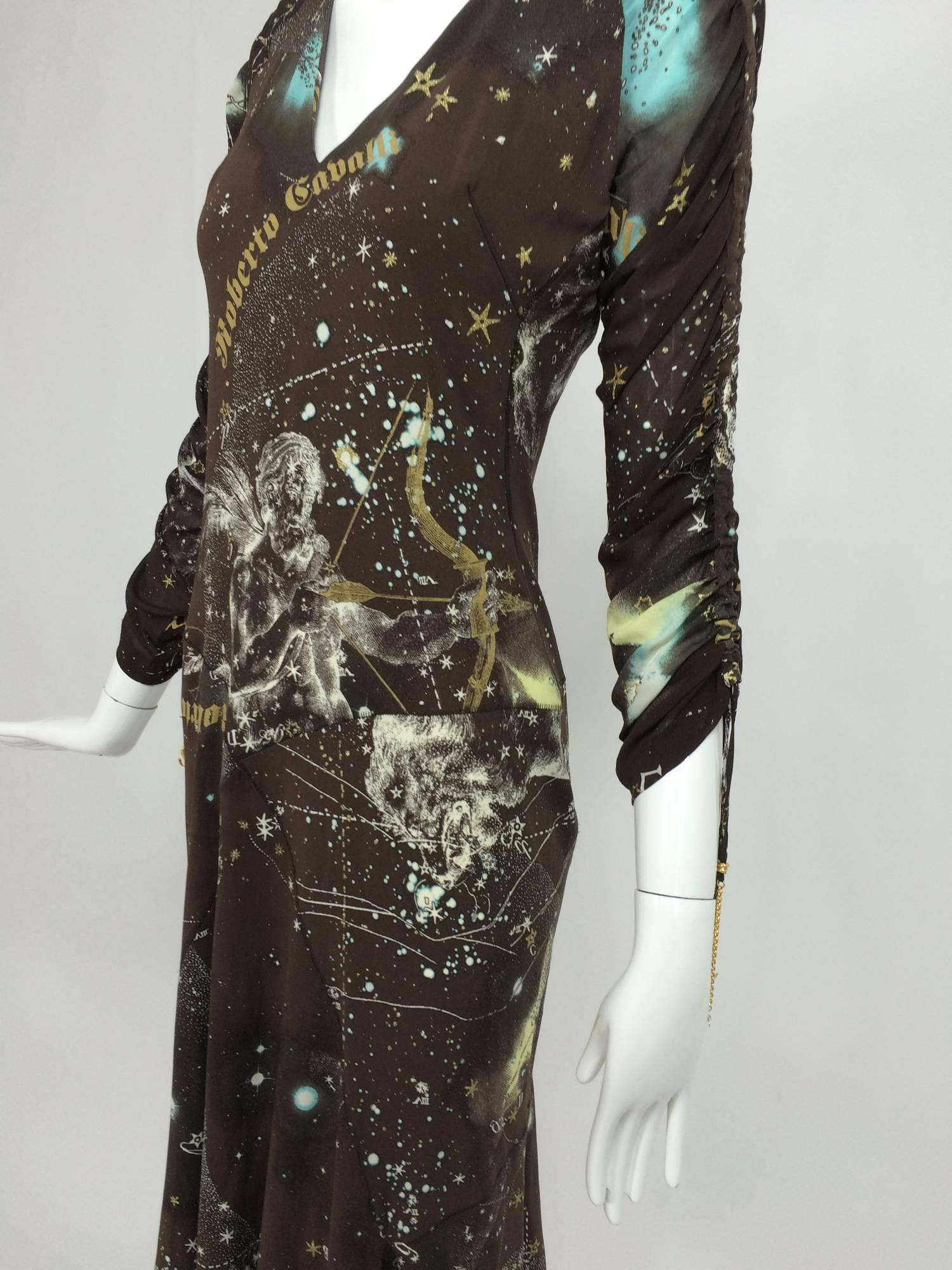 Roberto Cavalli rare chocolate brown silk Constellation dress 1990s  4