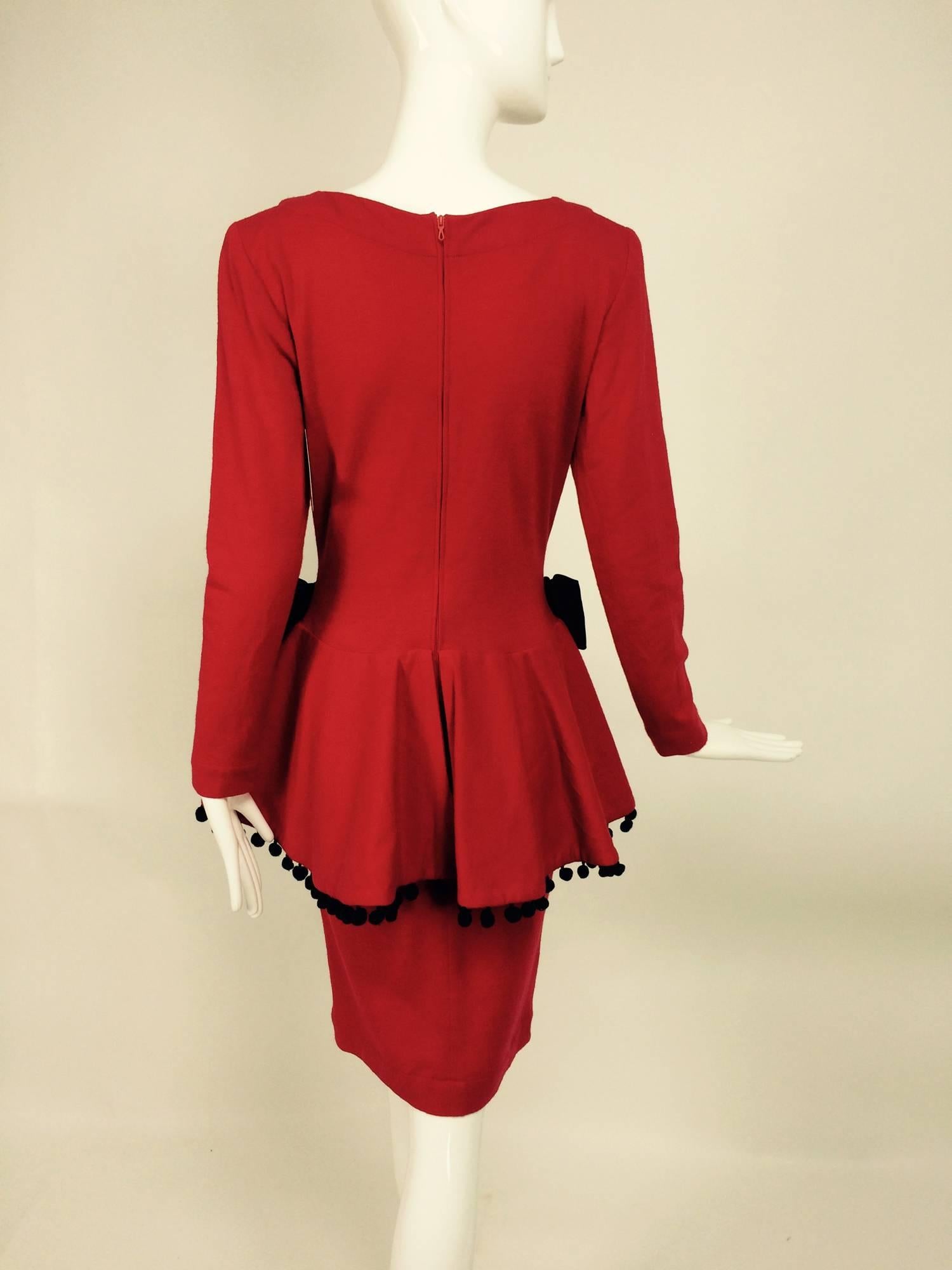 Red Isabelle Allard Paris red jersey dress with peplum hip bows & pom poms 1990s