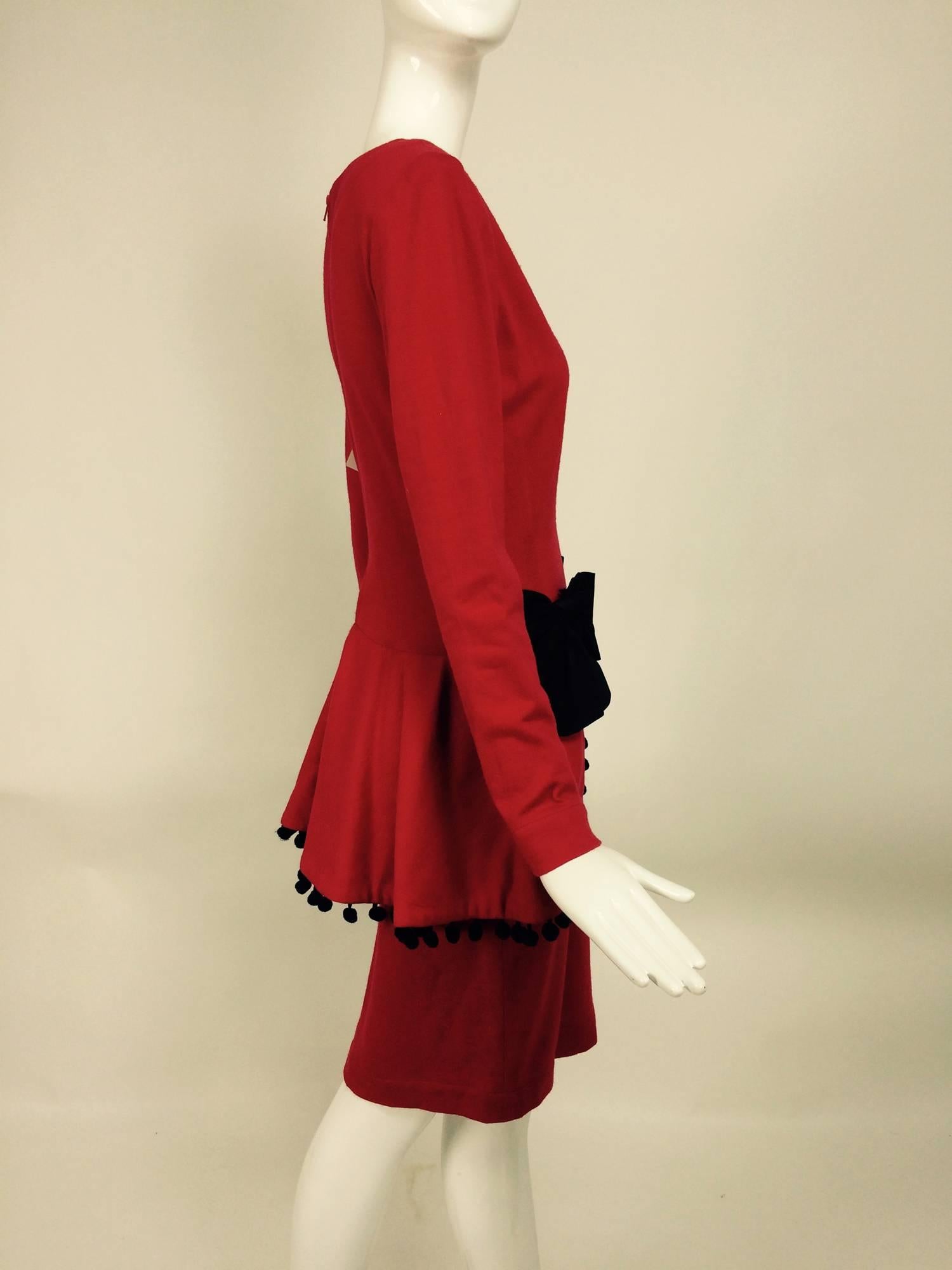 Isabelle Allard Paris red jersey dress with peplum hip bows & pom poms 1990s In Excellent Condition In West Palm Beach, FL