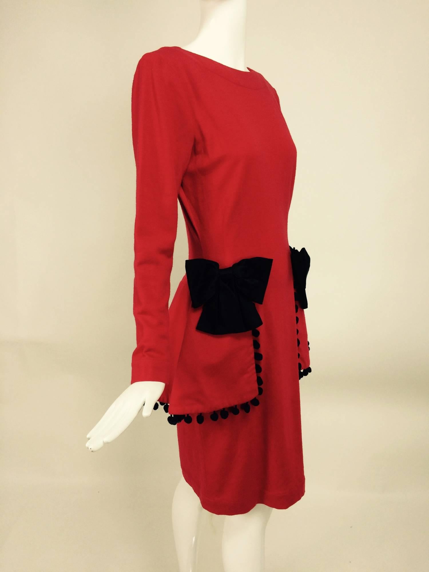 Women's Isabelle Allard Paris red jersey dress with peplum hip bows & pom poms 1990s