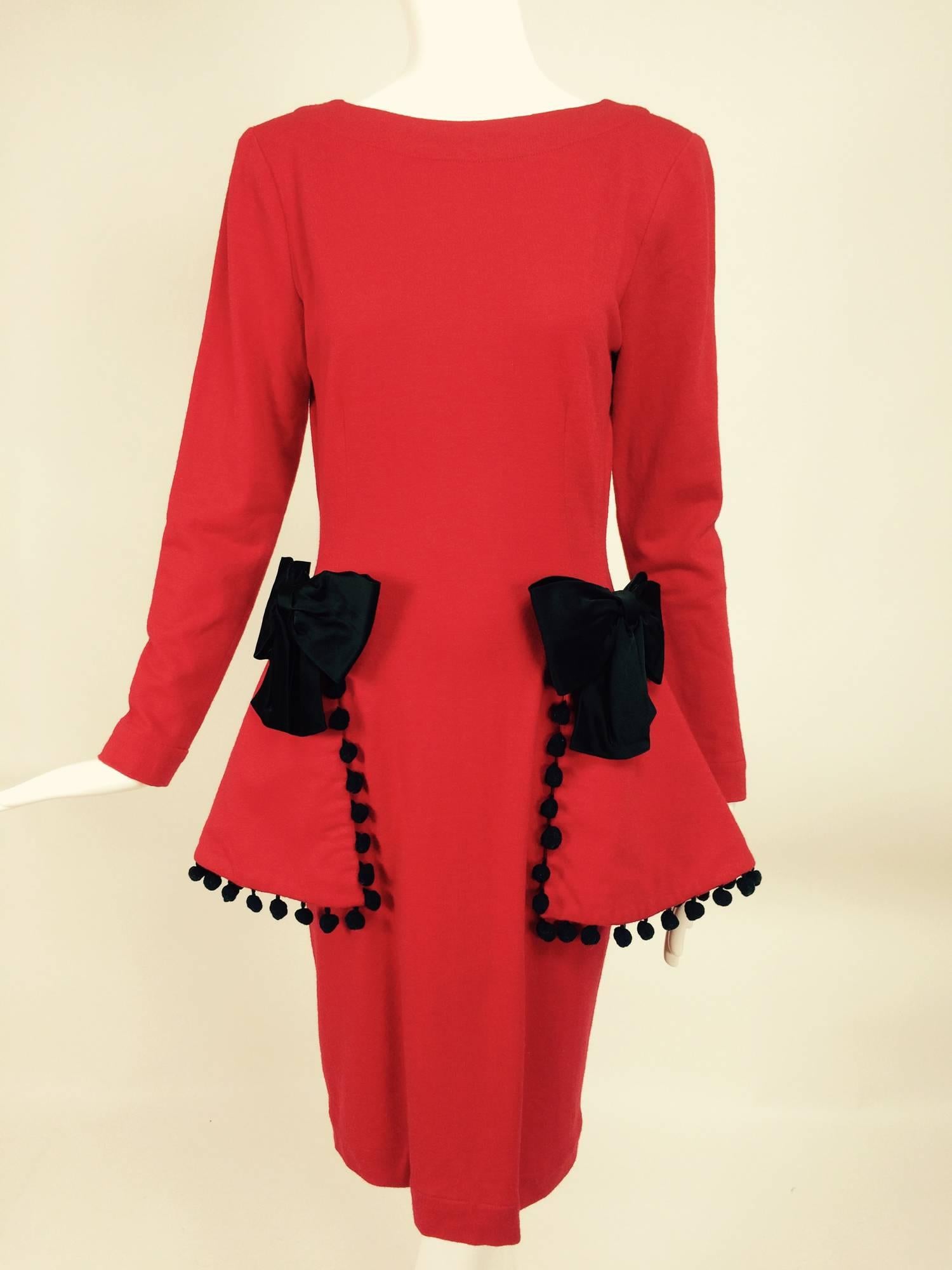 Isabelle Allard Paris red jersey dress with peplum hip bows & pom poms 1990s 2