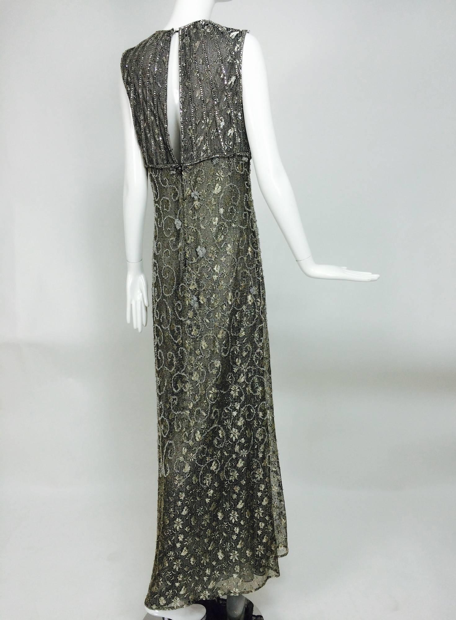 Black Badgley Mischka embroidered & beaded silver metallic lace gown