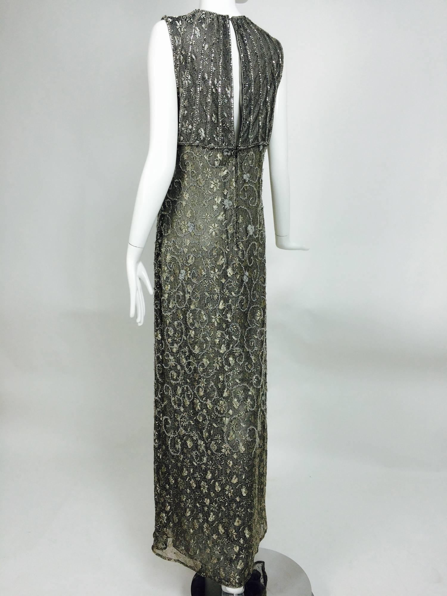Women's Badgley Mischka embroidered & beaded silver metallic lace gown