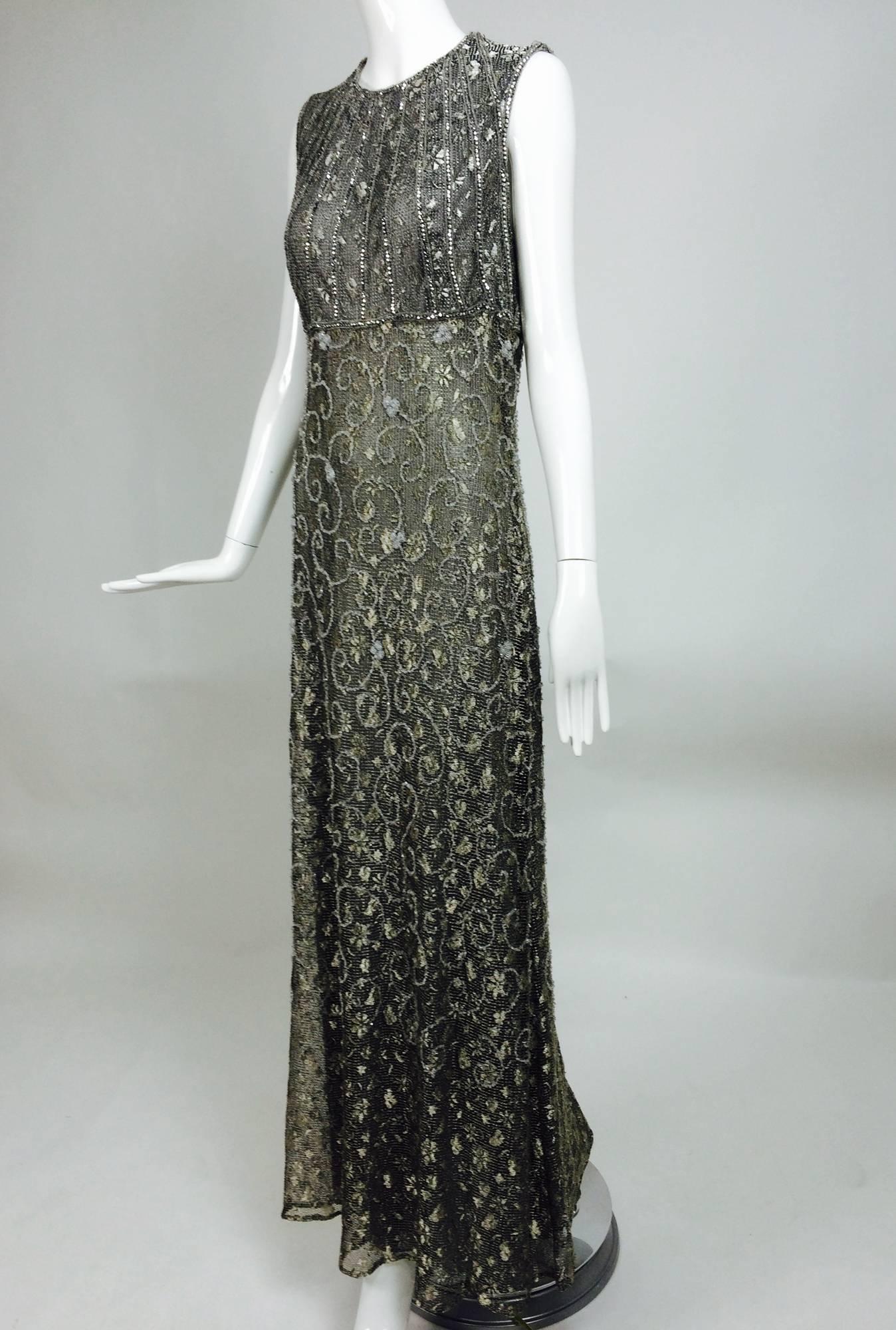 Badgley Mischka embroidered & beaded silver metallic lace gown 1