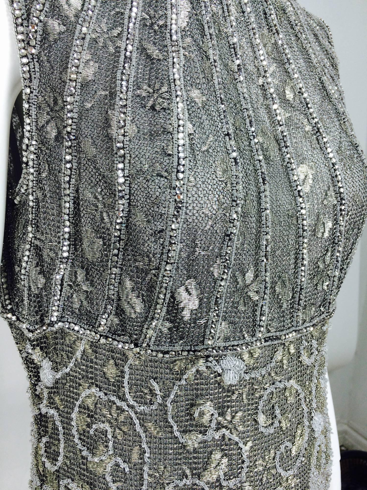 Badgley Mischka embroidered & beaded silver metallic lace gown 2
