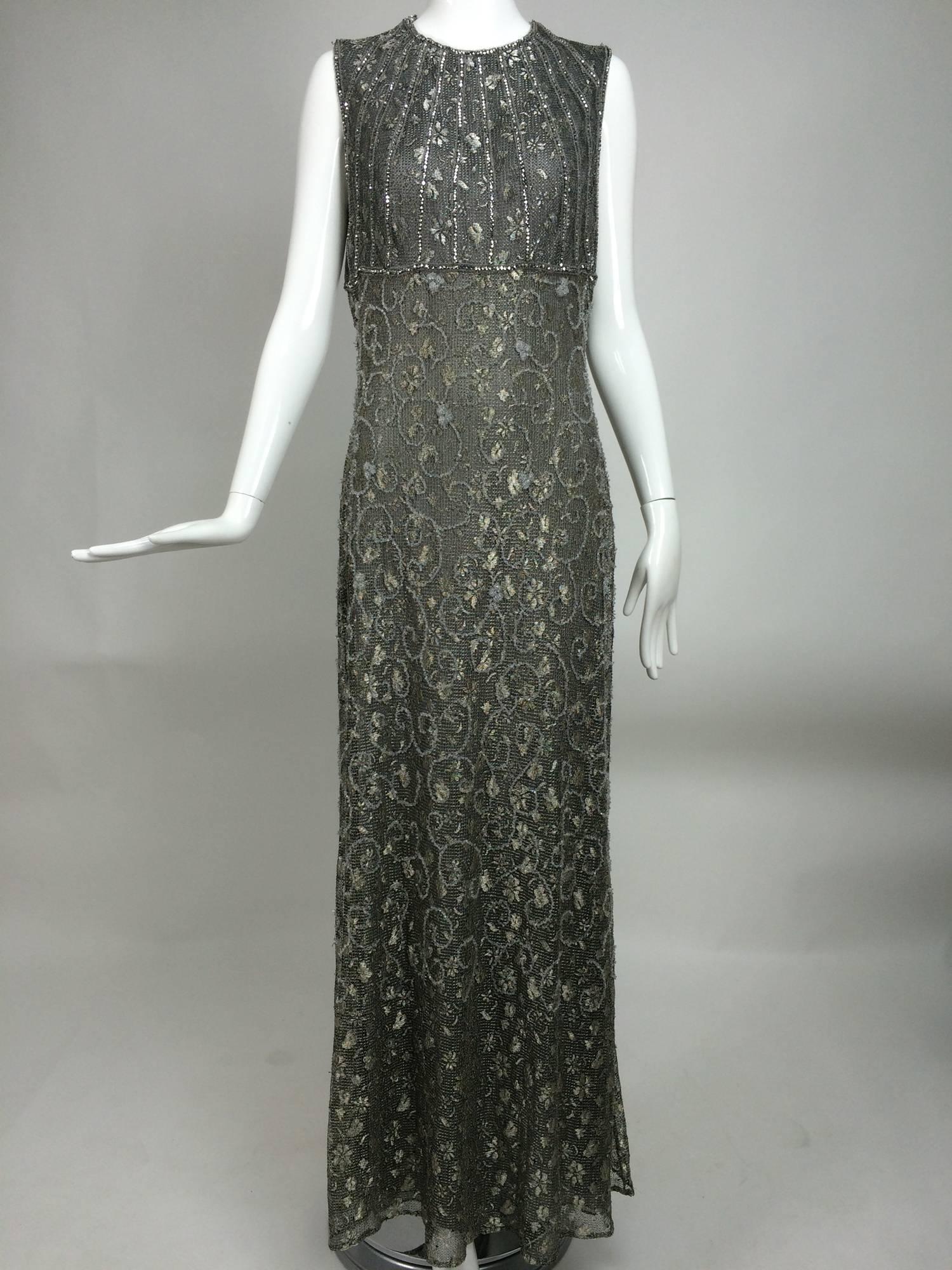 Badgley Mischka embroidered & beaded silver metallic lace gown 4