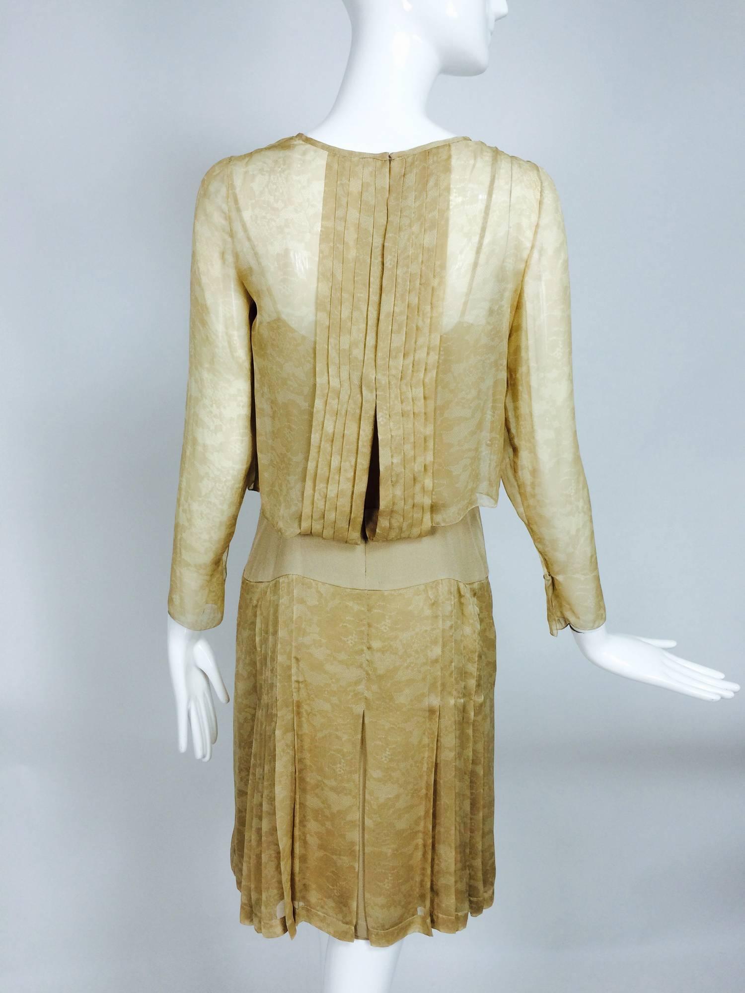 Beige Chanel long sleeve lace print champagne silk chiffon chemise dress 2001