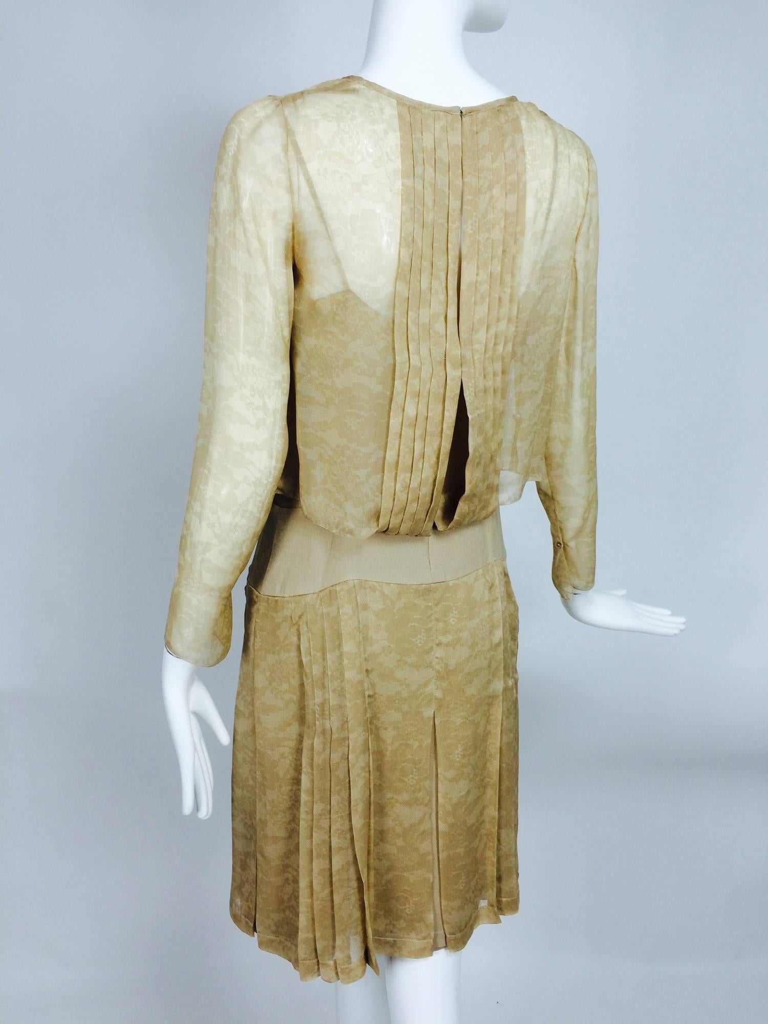 Chanel long sleeve lace print champagne silk chiffon chemise dress 2001 In Excellent Condition In West Palm Beach, FL