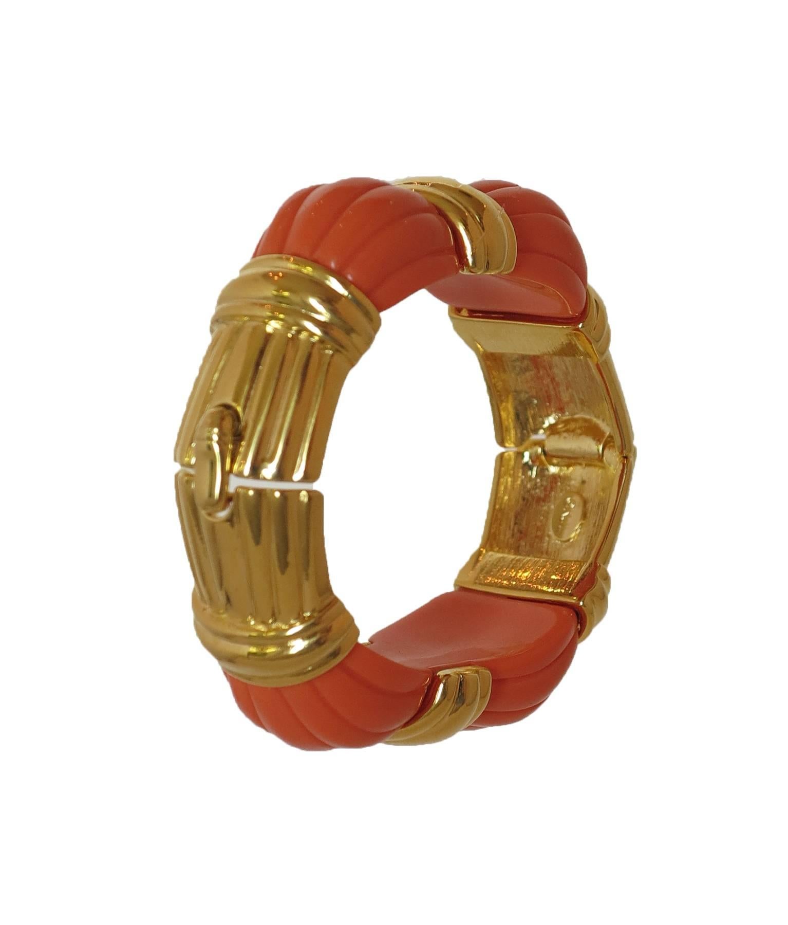 KJL Kenneth J Lane coral & gold hinge clamper bracelet barely worn In New Condition In West Palm Beach, FL