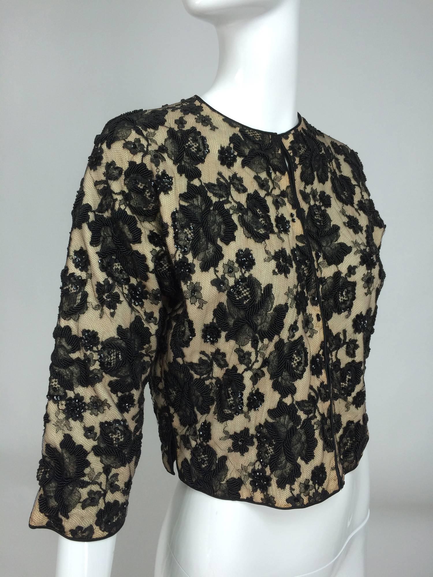 Black Beaded black lace & cashmere satin trimmed cardigan sweater 1950s