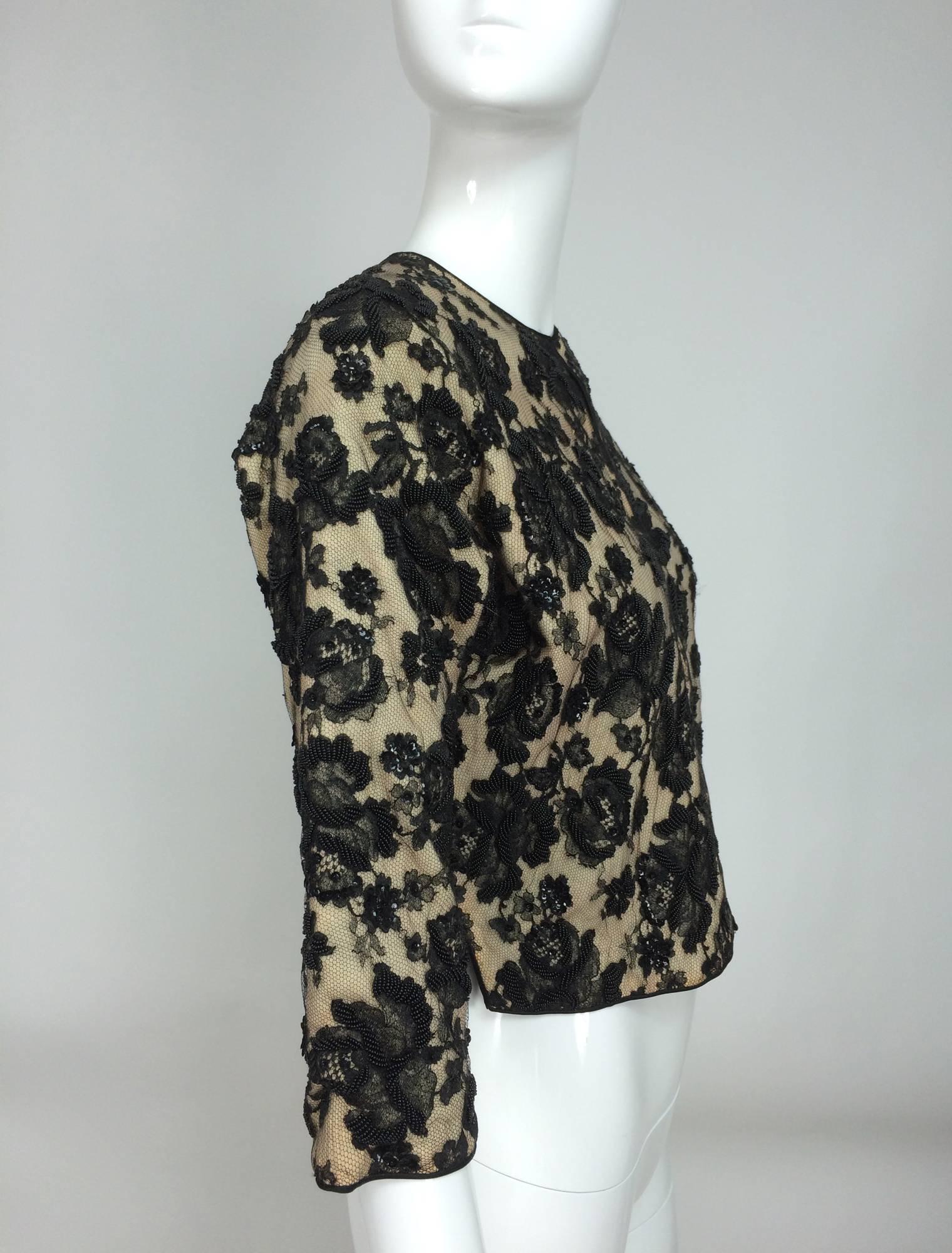 Beaded black lace & cashmere satin trimmed cardigan sweater 1950s In Excellent Condition In West Palm Beach, FL