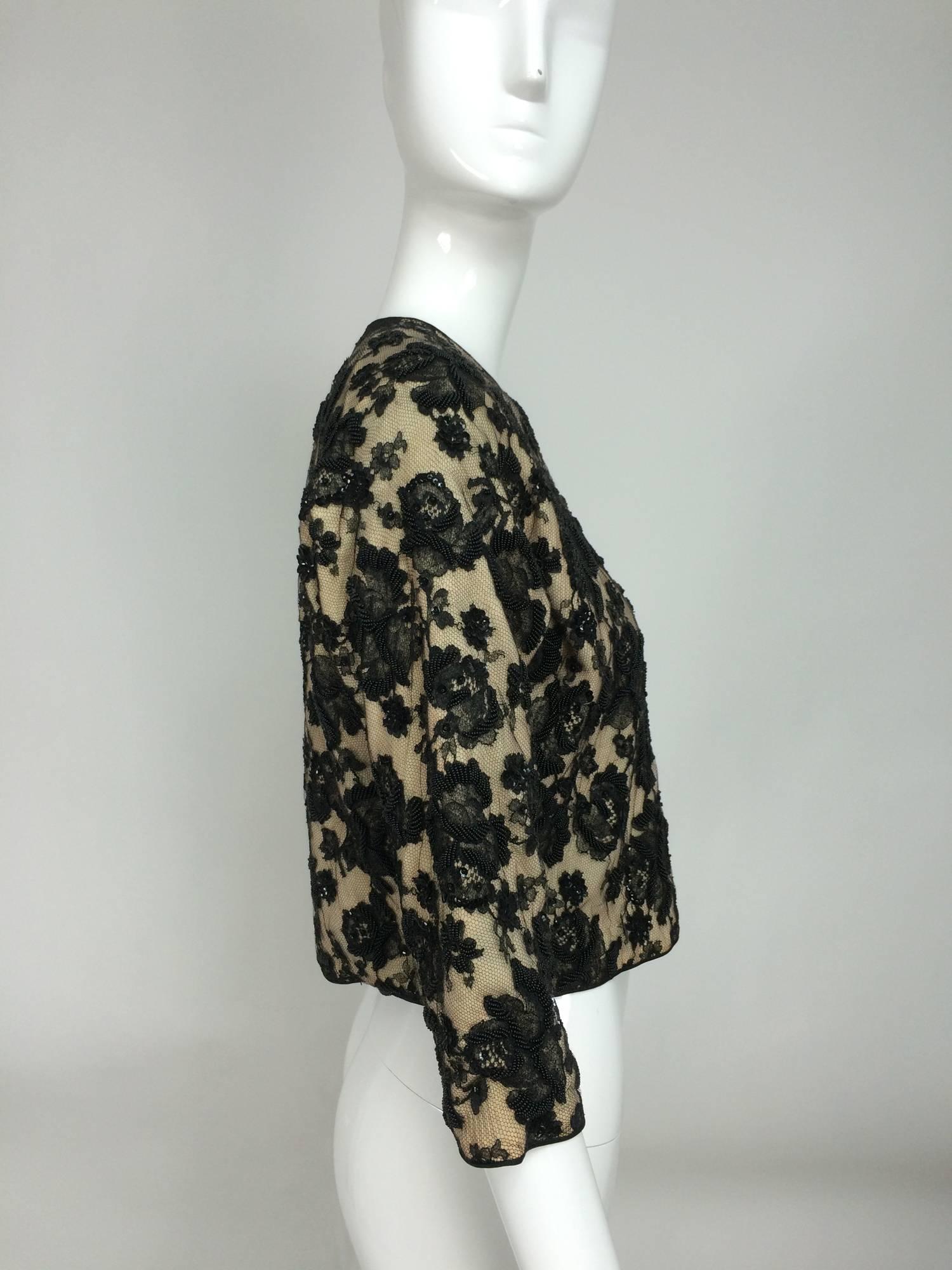 Women's Beaded black lace & cashmere satin trimmed cardigan sweater 1950s