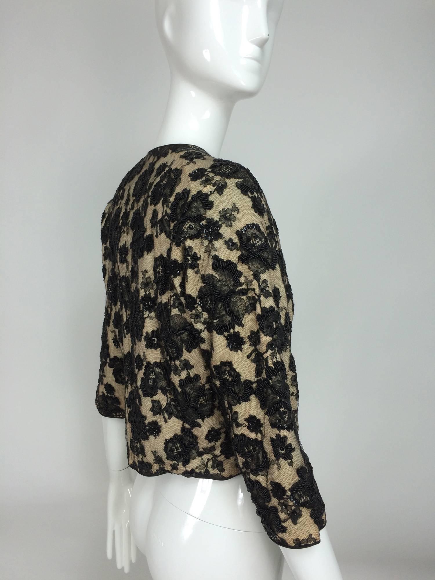 Beaded black lace & cashmere satin trimmed cardigan sweater 1950s 1