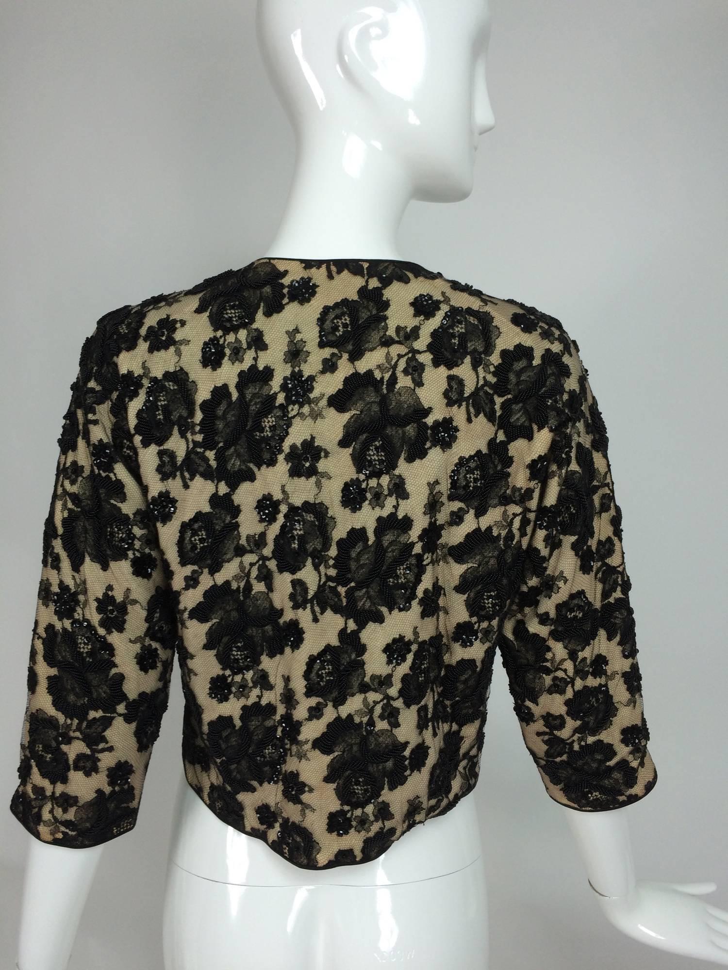 Beaded black lace & cashmere satin trimmed cardigan sweater 1950s 2