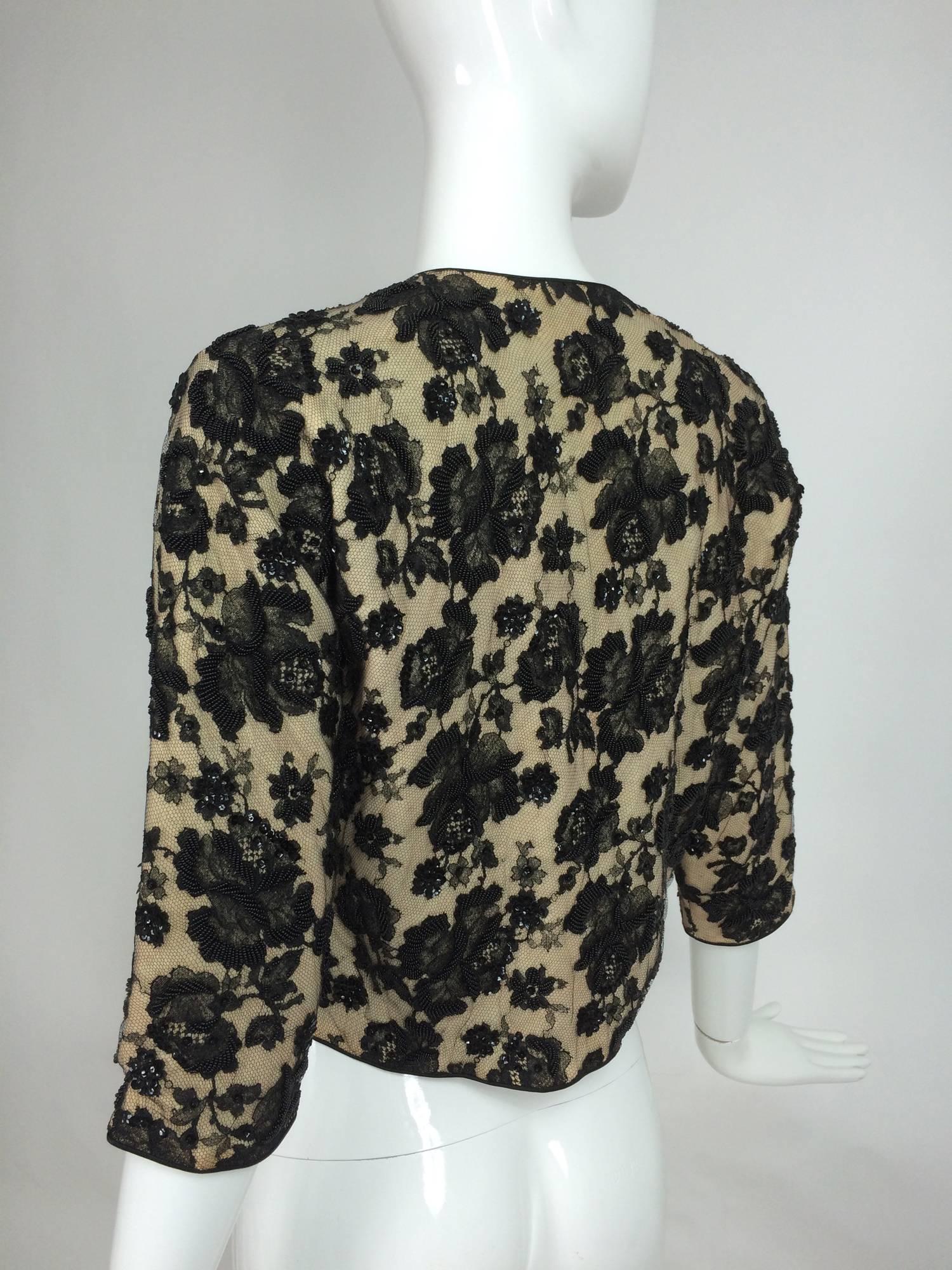 Beaded black lace & cashmere satin trimmed cardigan sweater 1950s 3