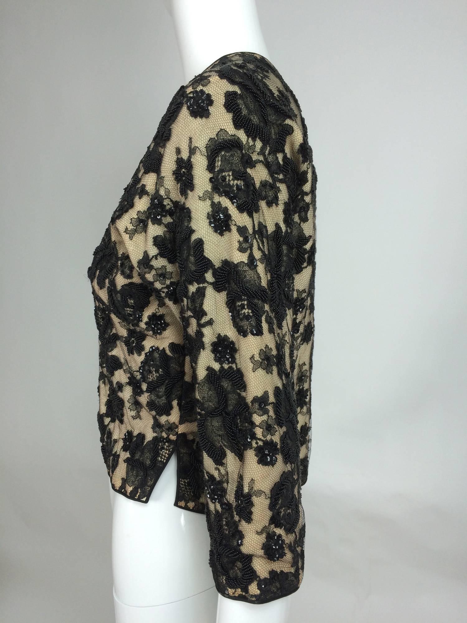 Beaded black lace & cashmere satin trimmed cardigan sweater 1950s 4
