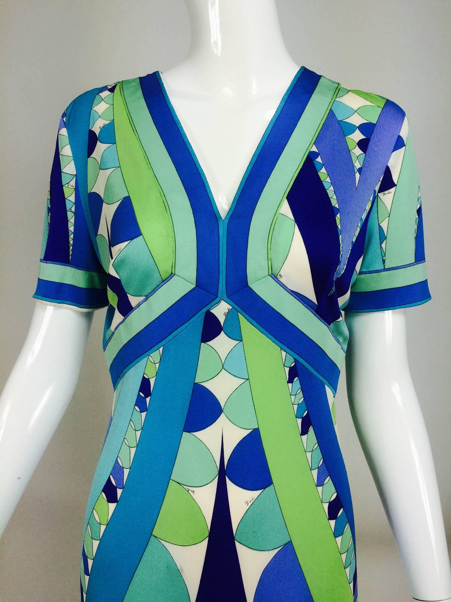 Vintage Emilio Pucci Vivara blue green aqua silk jersey print dress 1960s...Coveted print in Mediterranean blues & greens with purple & white for contrast...Short sleeve V neck dress is fitted through the waist and flares to the