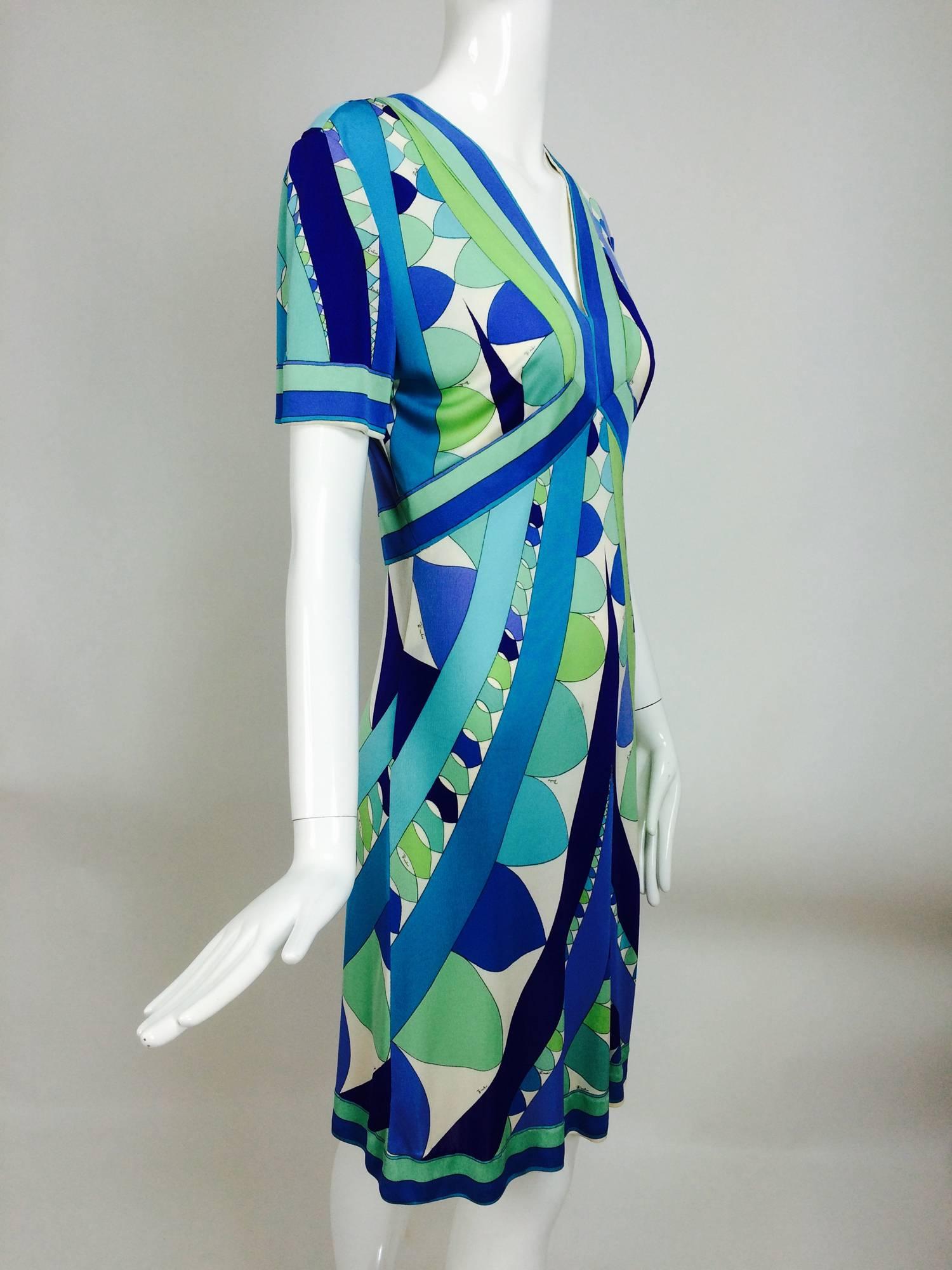 Blue Vintage Emilio Pucci Vivara blue green aqua silk jersey print dress 1960s
