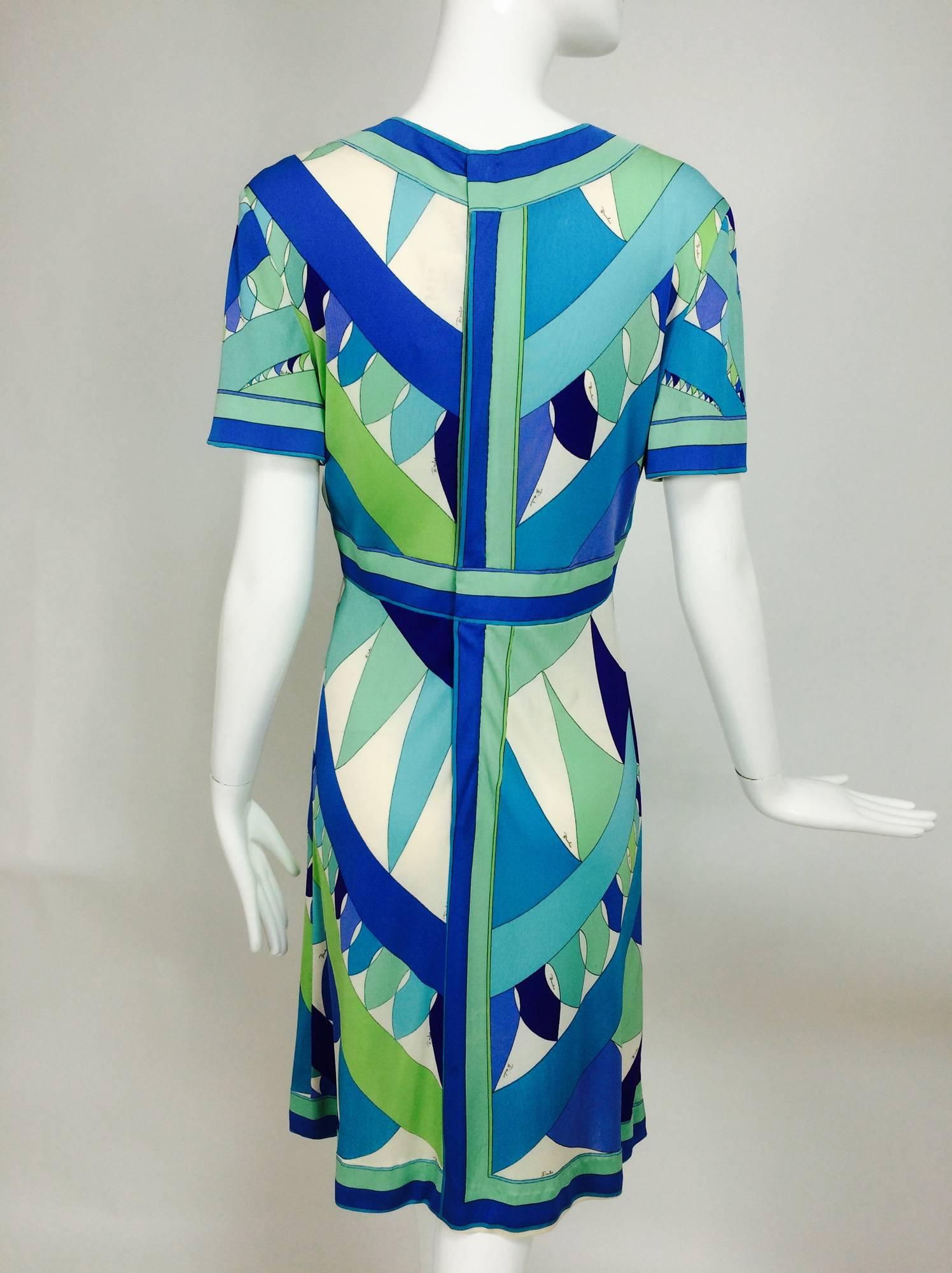 Vintage Emilio Pucci Vivara blue green aqua silk jersey print dress 1960s 1