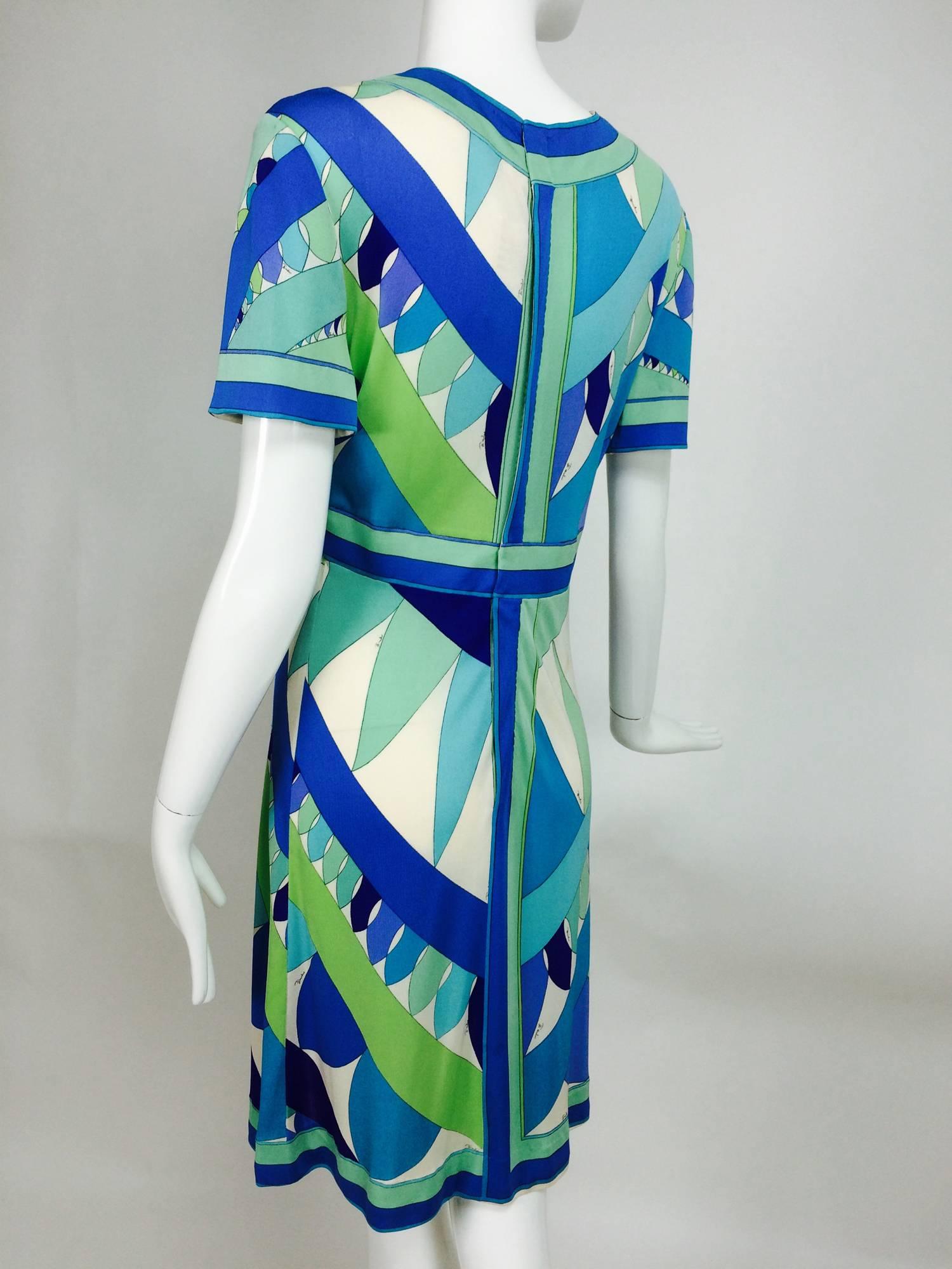 Vintage Emilio Pucci Vivara blue green aqua silk jersey print dress 1960s 2