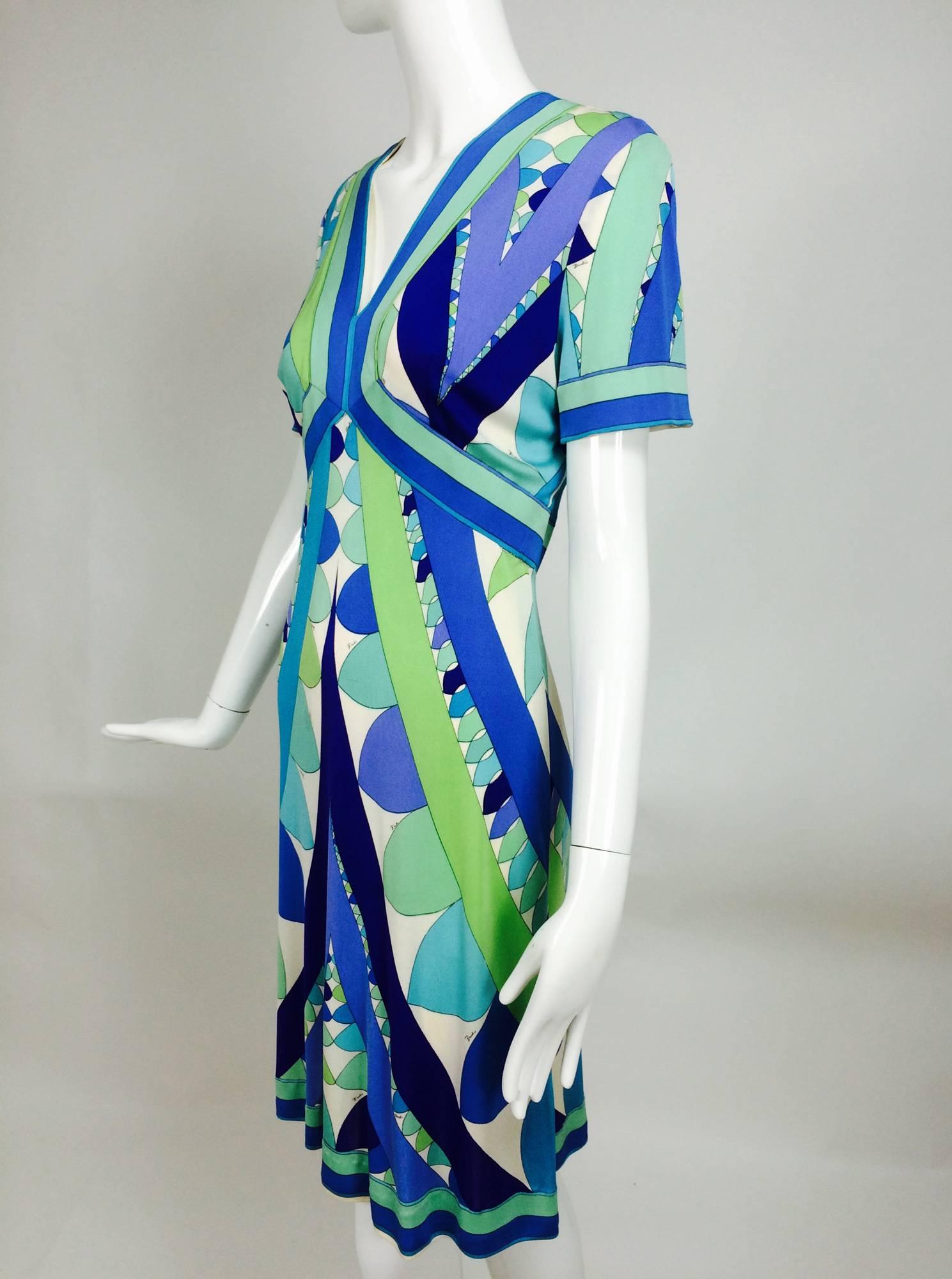 Vintage Emilio Pucci Vivara blue green aqua silk jersey print dress 1960s 3