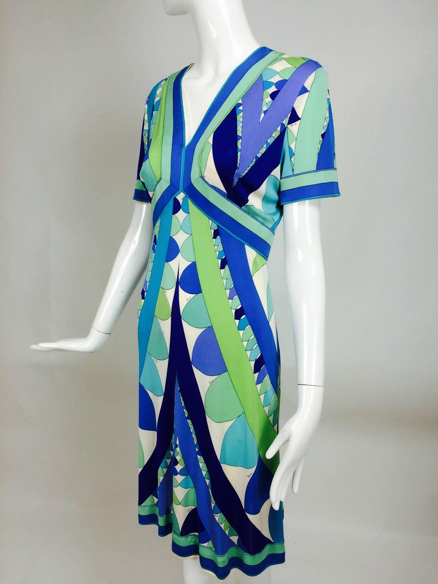 Vintage Emilio Pucci Vivara blue green aqua silk jersey print dress 1960s 4
