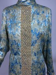 Vintage Lisa Meril beaded blue & gold metallic brocade maxi dress 1960s 18