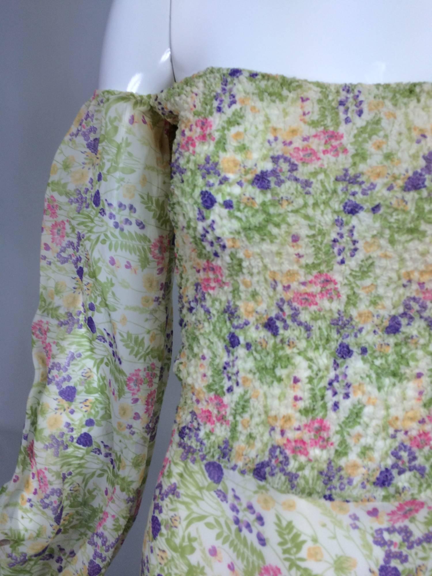 Gray Vintage Judy Hornby London floral chiffon shirred bodice dress 1970s