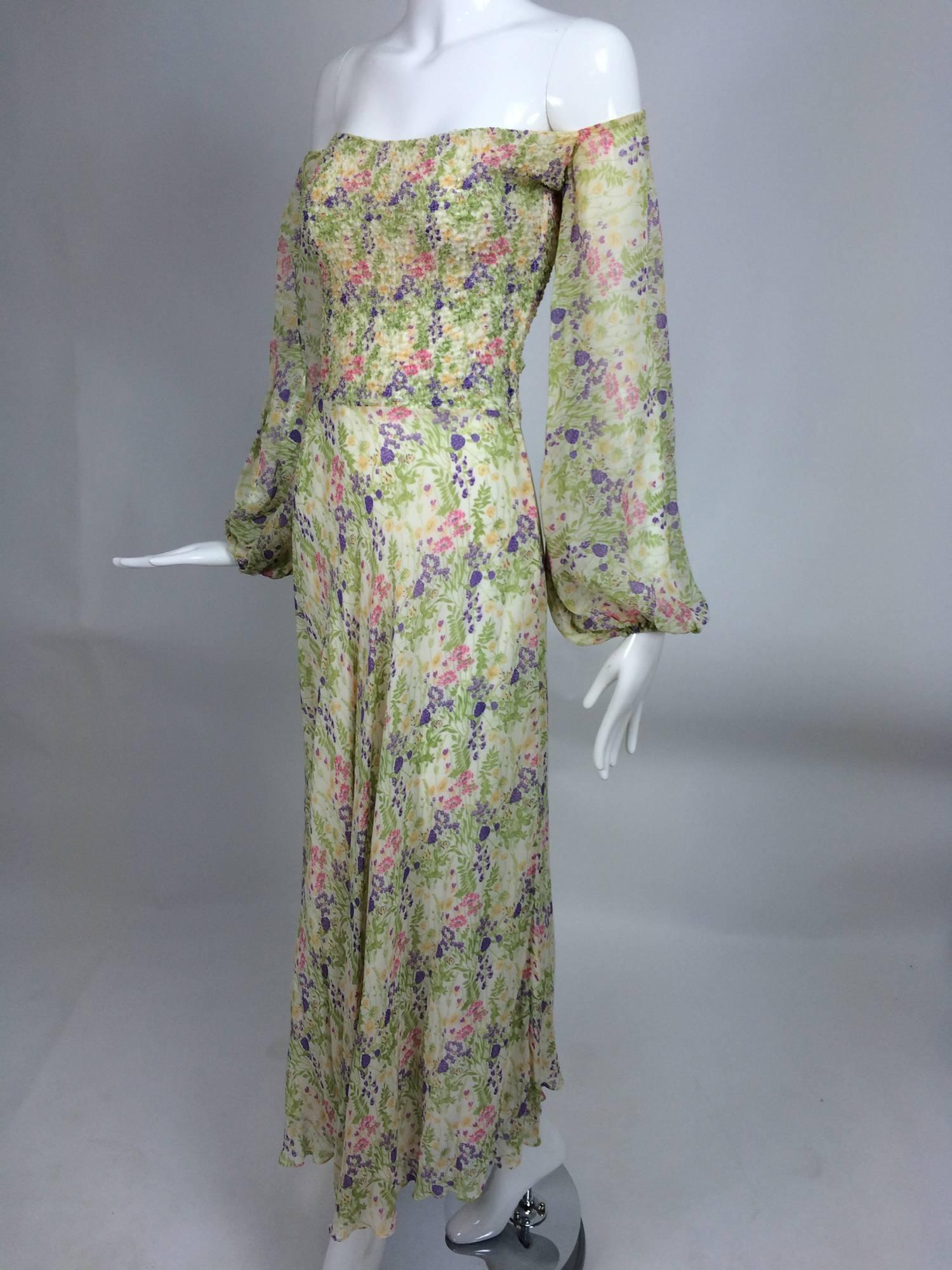 Vintage Judy Hornby London floral chiffon shirred bodice dress 1970s In Excellent Condition In West Palm Beach, FL