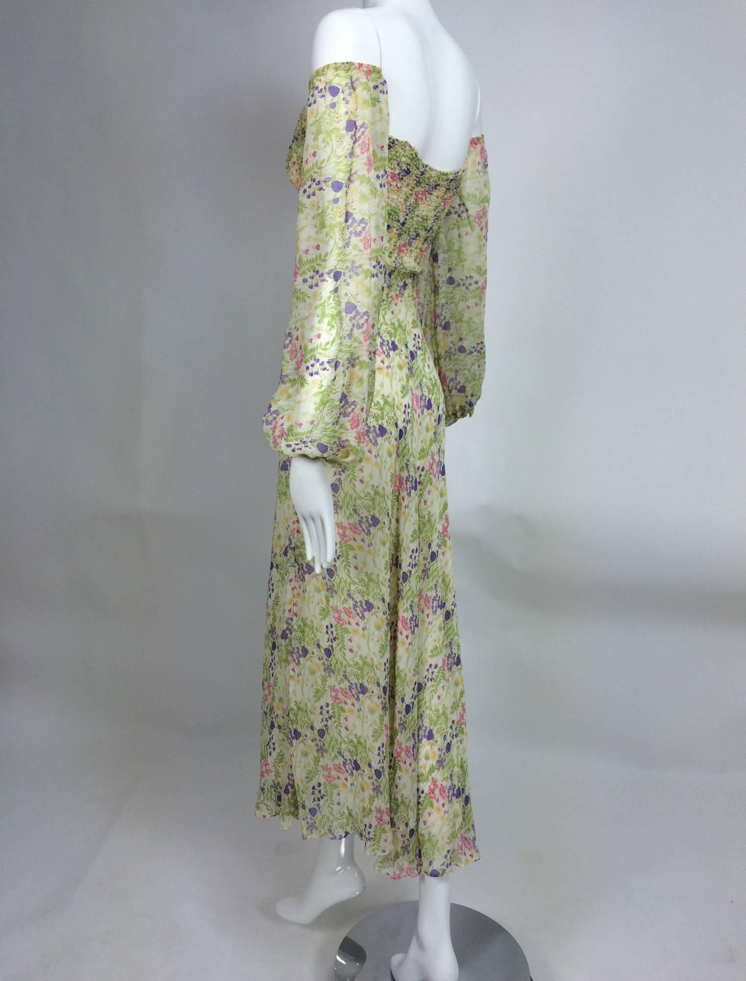 Women's Vintage Judy Hornby London floral chiffon shirred bodice dress 1970s