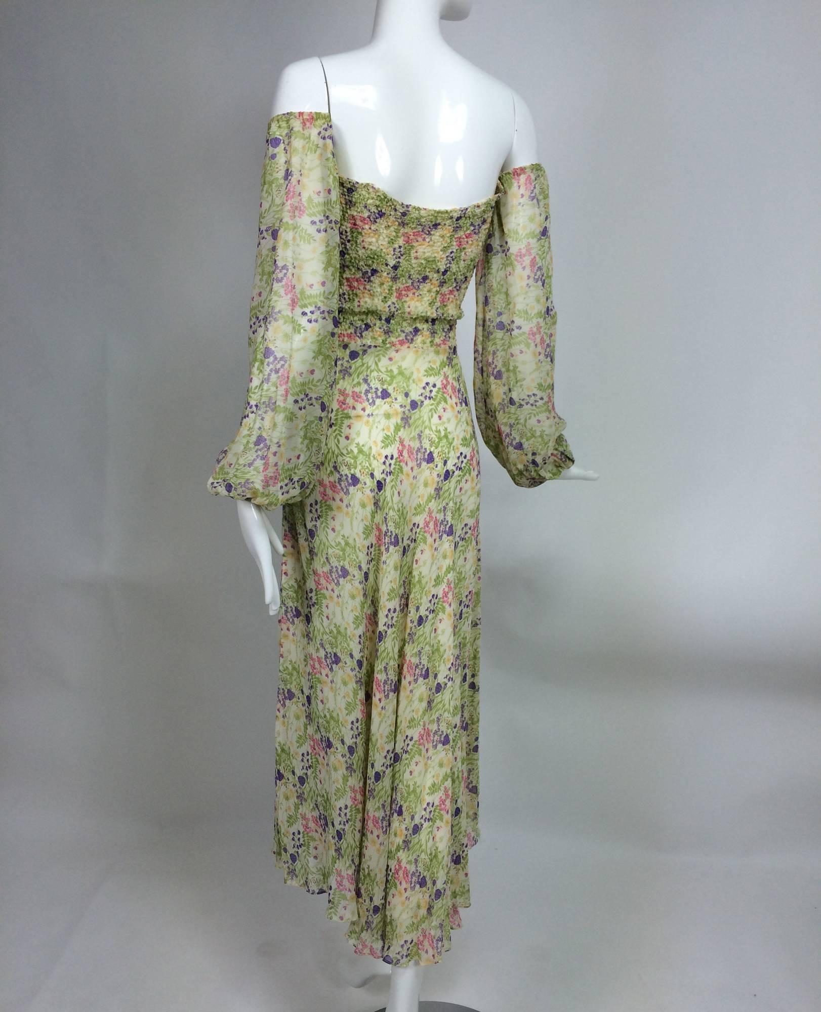 Vintage Judy Hornby London floral chiffon shirred bodice dress 1970s 1