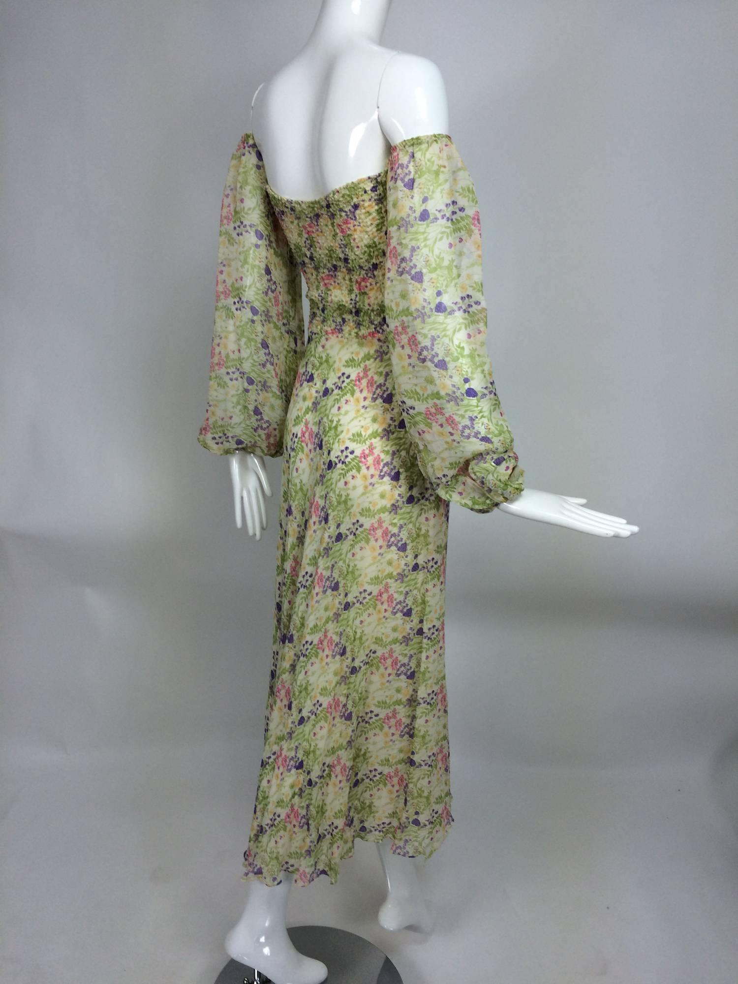 Vintage Judy Hornby London floral chiffon shirred bodice dress 1970s 2